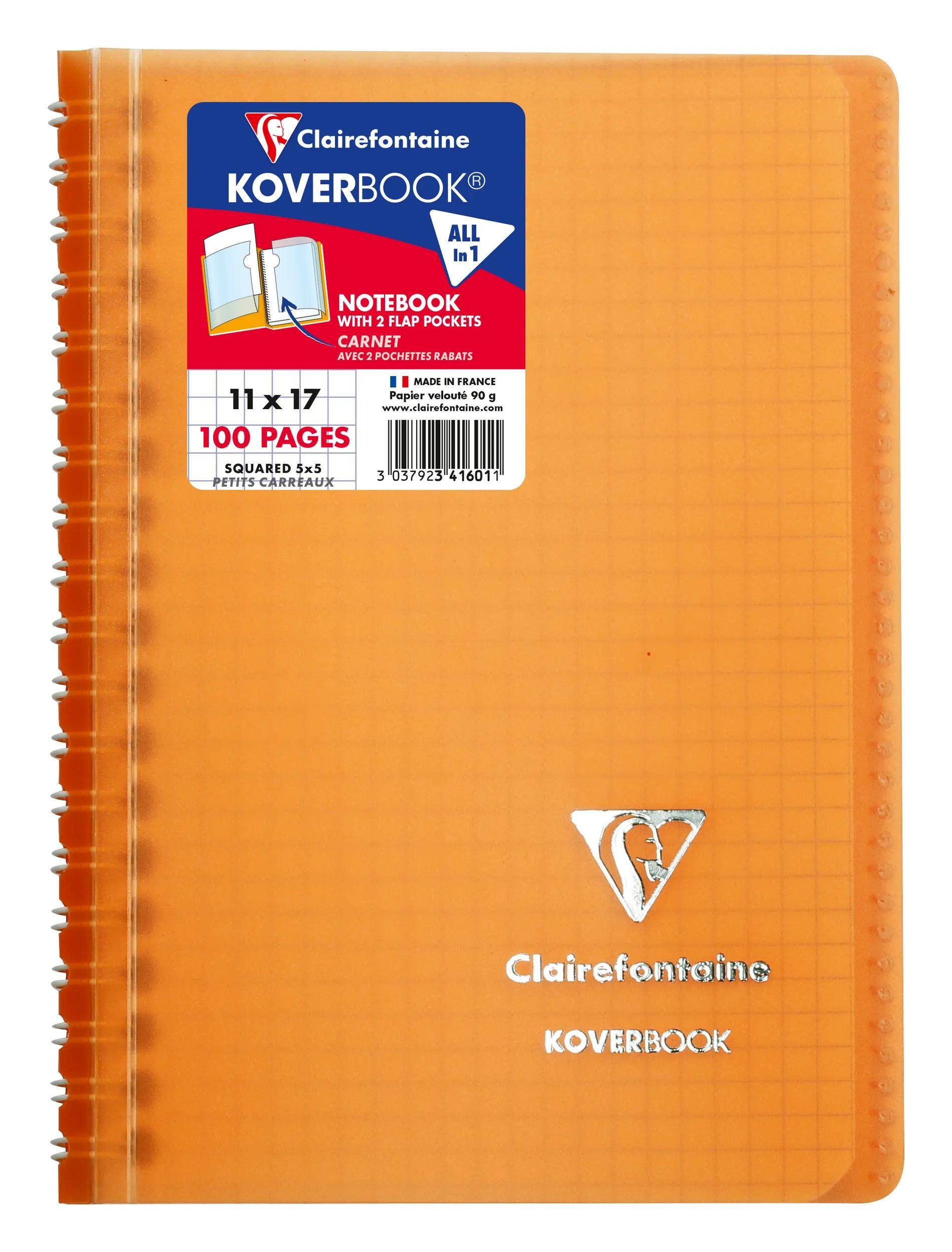 Orange Clairefontaine Koverbook Spiralnotizbuch, 11 x 17 Zoll, 100 Seiten, mit Vordertasche und liniertem Umschlagtitel.