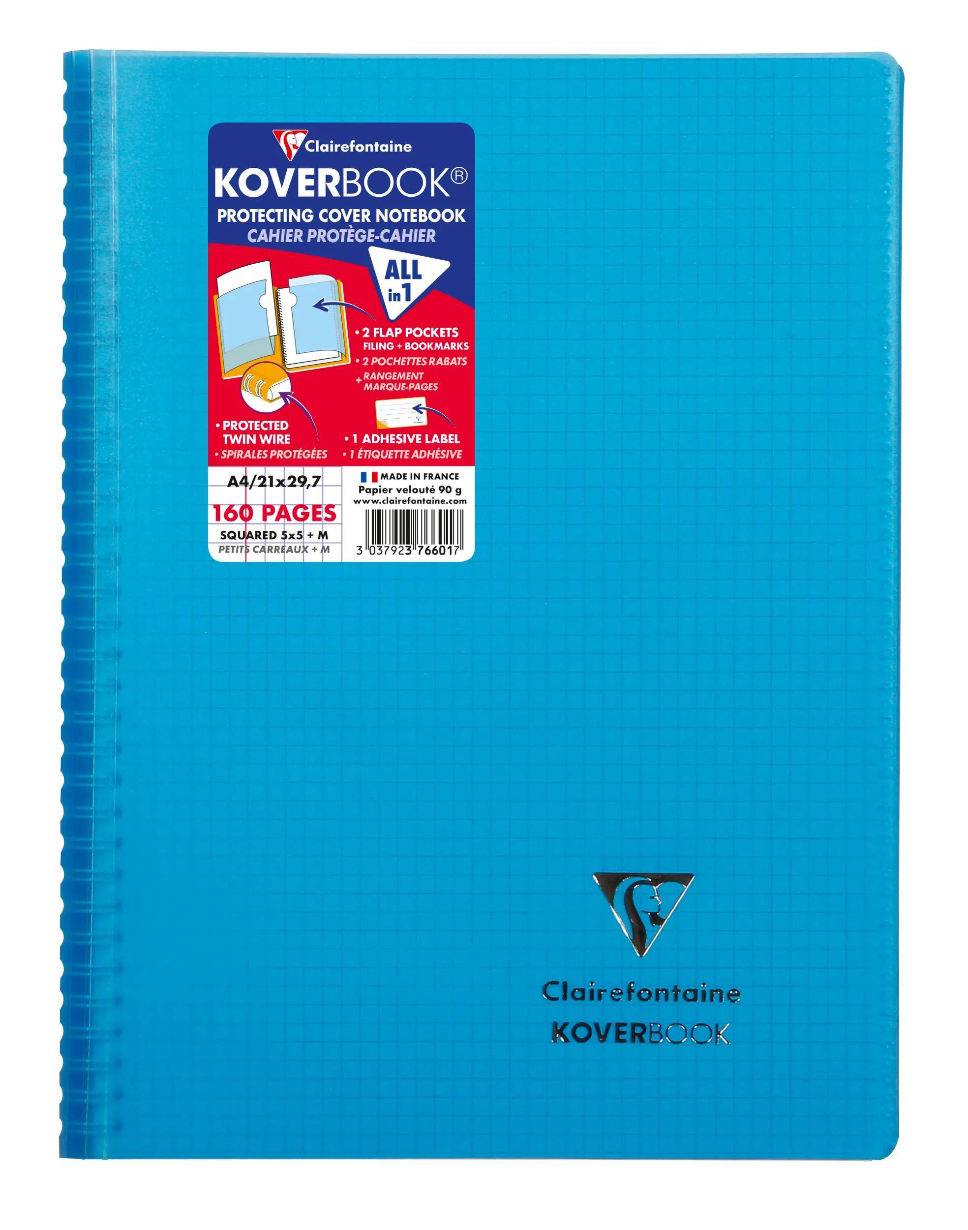 Blaues Clairefontaine Koverbook Spiralblock Notizbuch mit Umschlag und einem Etikett mit 