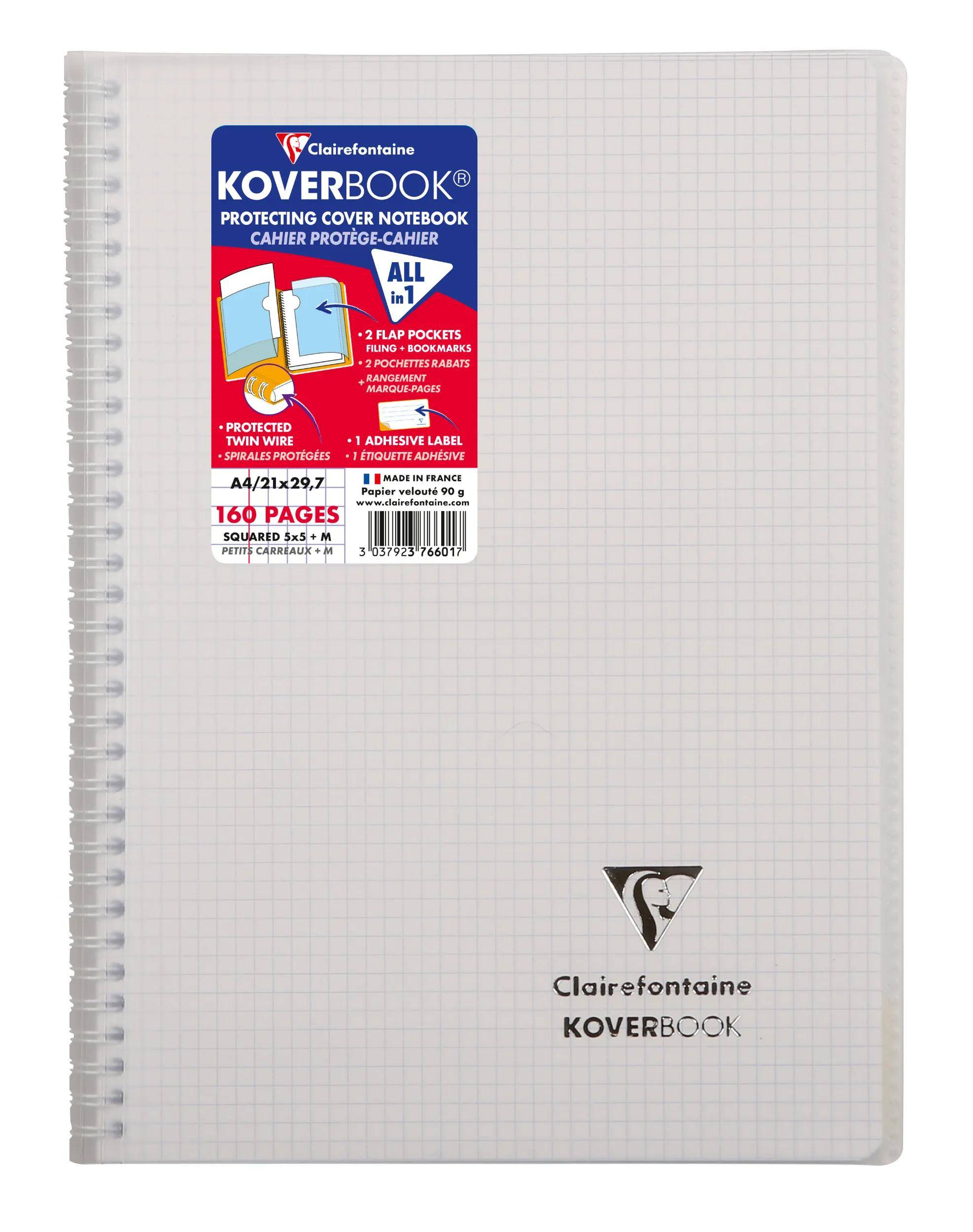 Ein transparentes spiralgebundenes Koverbook-Notizbuch mit hellem grauem Rasterdruck und großem Produktetikett mit der Aufschrift „160 Seiten