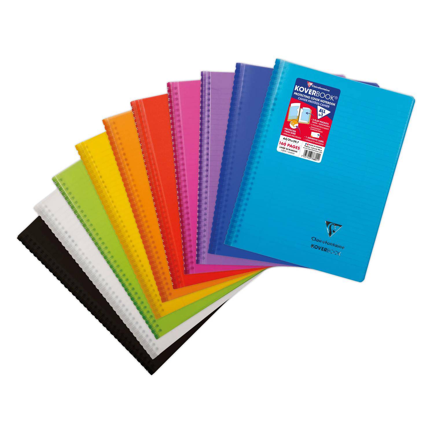 Fan aus farbenfrohen spiralgebundenen Notizbüchern, mit einem blauen Notizbuch oben und anderen leuchtenden Farben darunter, auf weißem Hintergrund dargestellt.