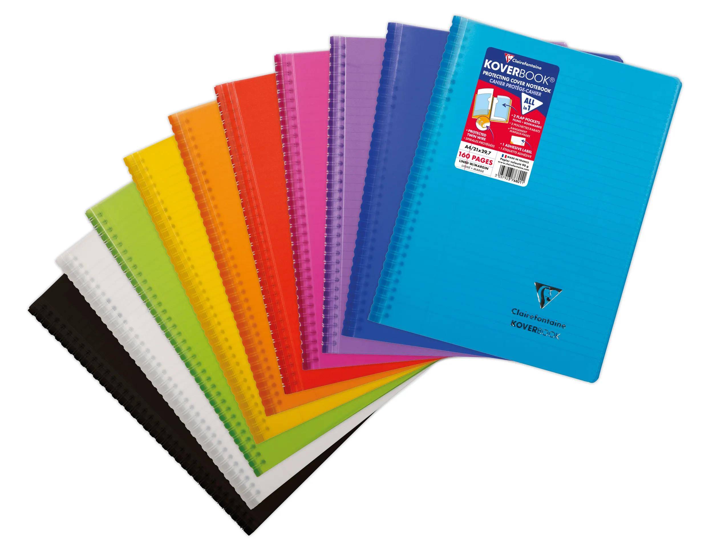 Stapel aus bunten Spiralnotizbüchern oder Ordnern, aufgefächert, mit einem blauen „Koverbook