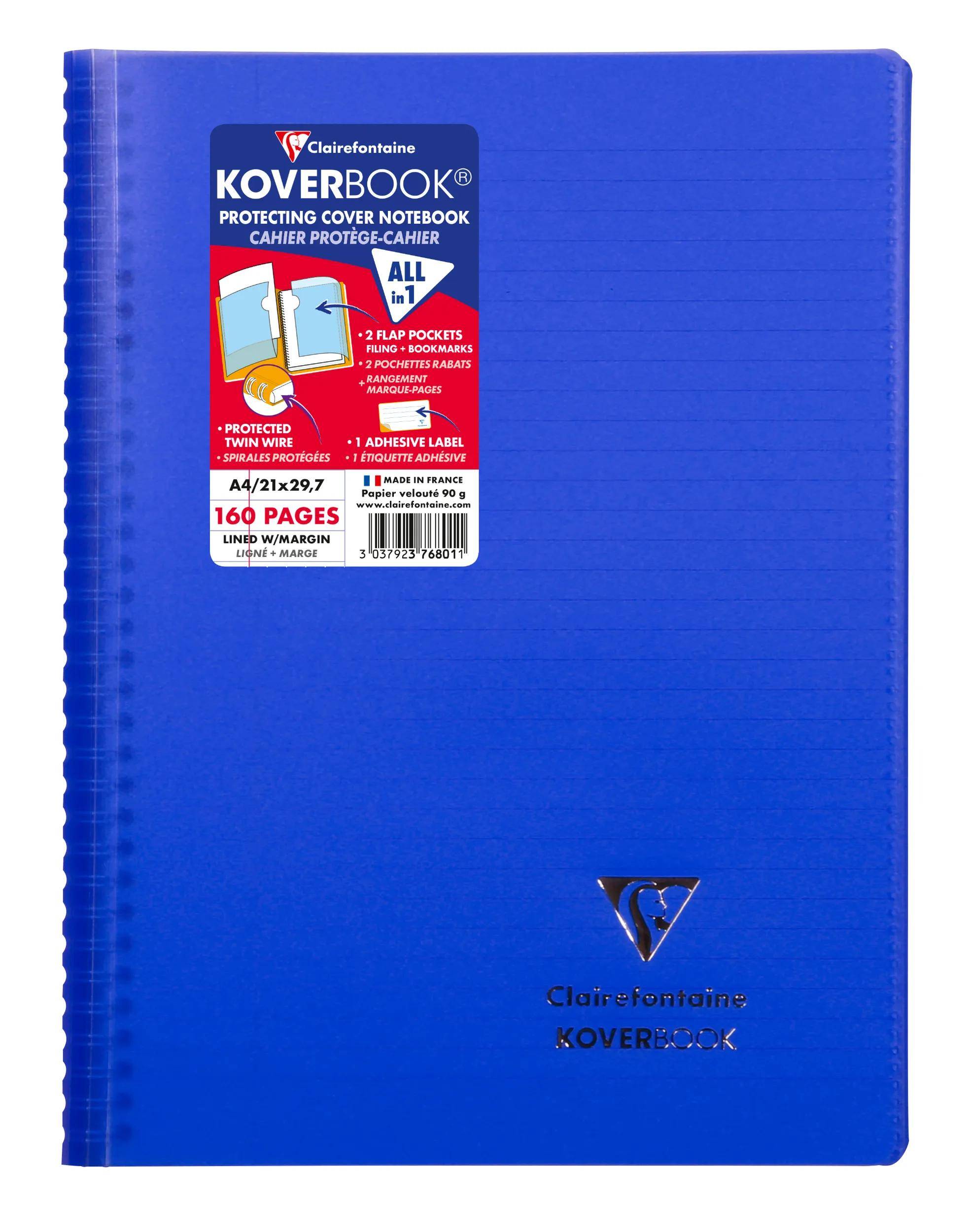 Blauer Clairefontaine Koverbook Notizbucheinband mit Etikett mit Angabe der Größe A4, 160 Seiten und all-in-one-Schutzumschlag-Funktionen.