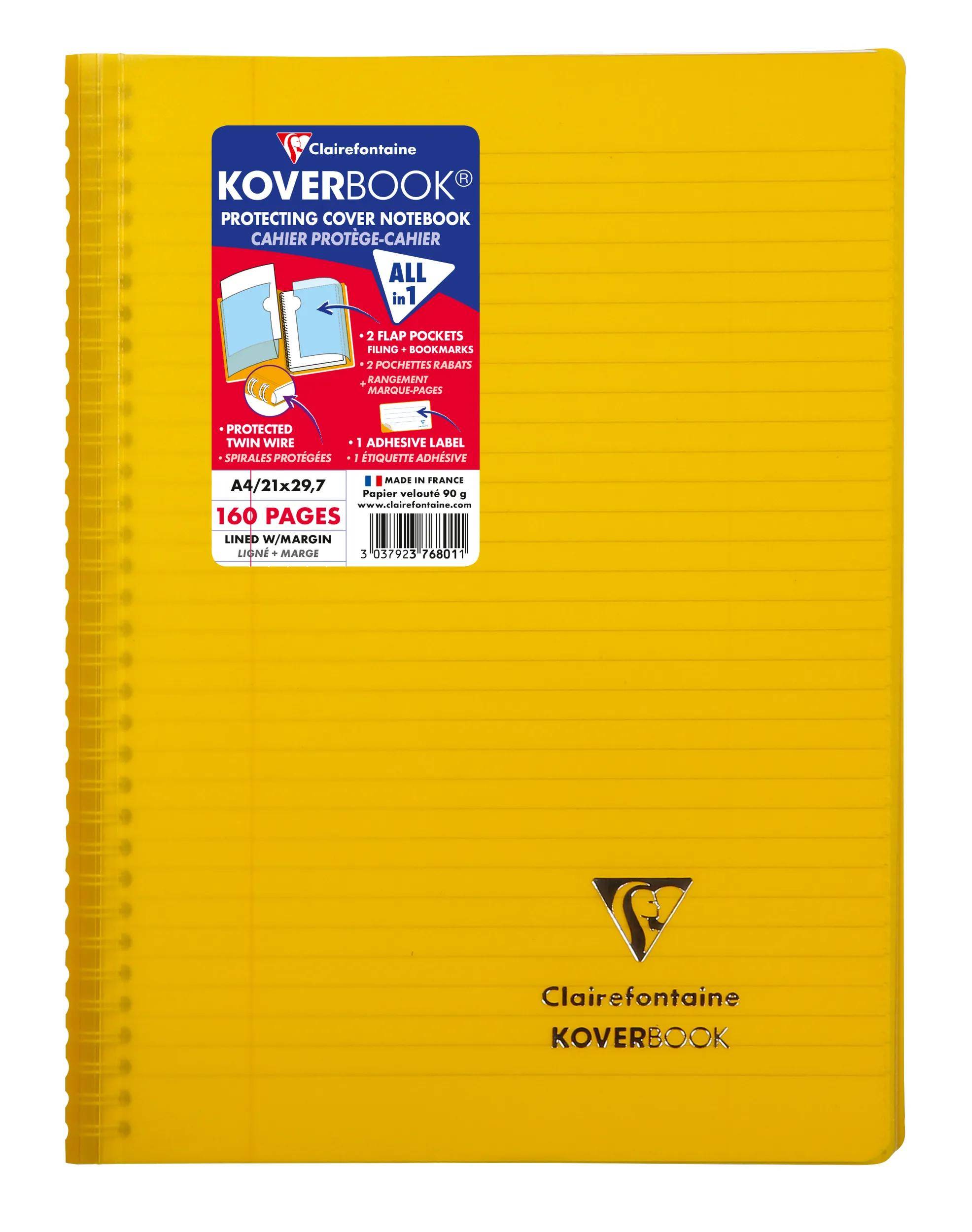 Gelbes spiralgebundenes Clairefontaine Koverbook Notizbuch-Umschlag mit Etikett, zeigt 