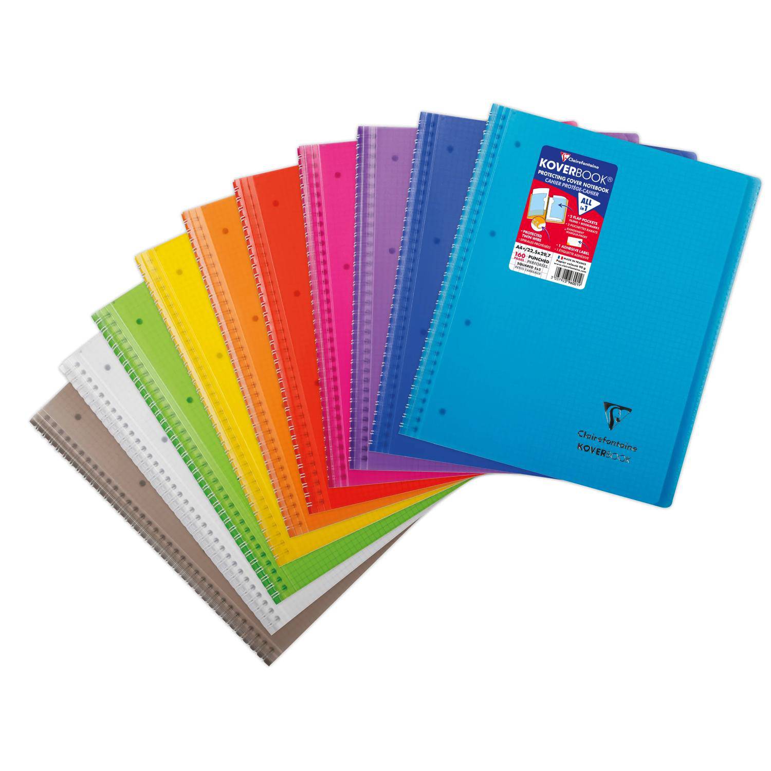 Farbenfrohe spiralgebundene Notizbücher ausgebreitet in einem Regenbogenstapel, mit einem blauen Notizbuch oben, das mit „KOVERSBOOK