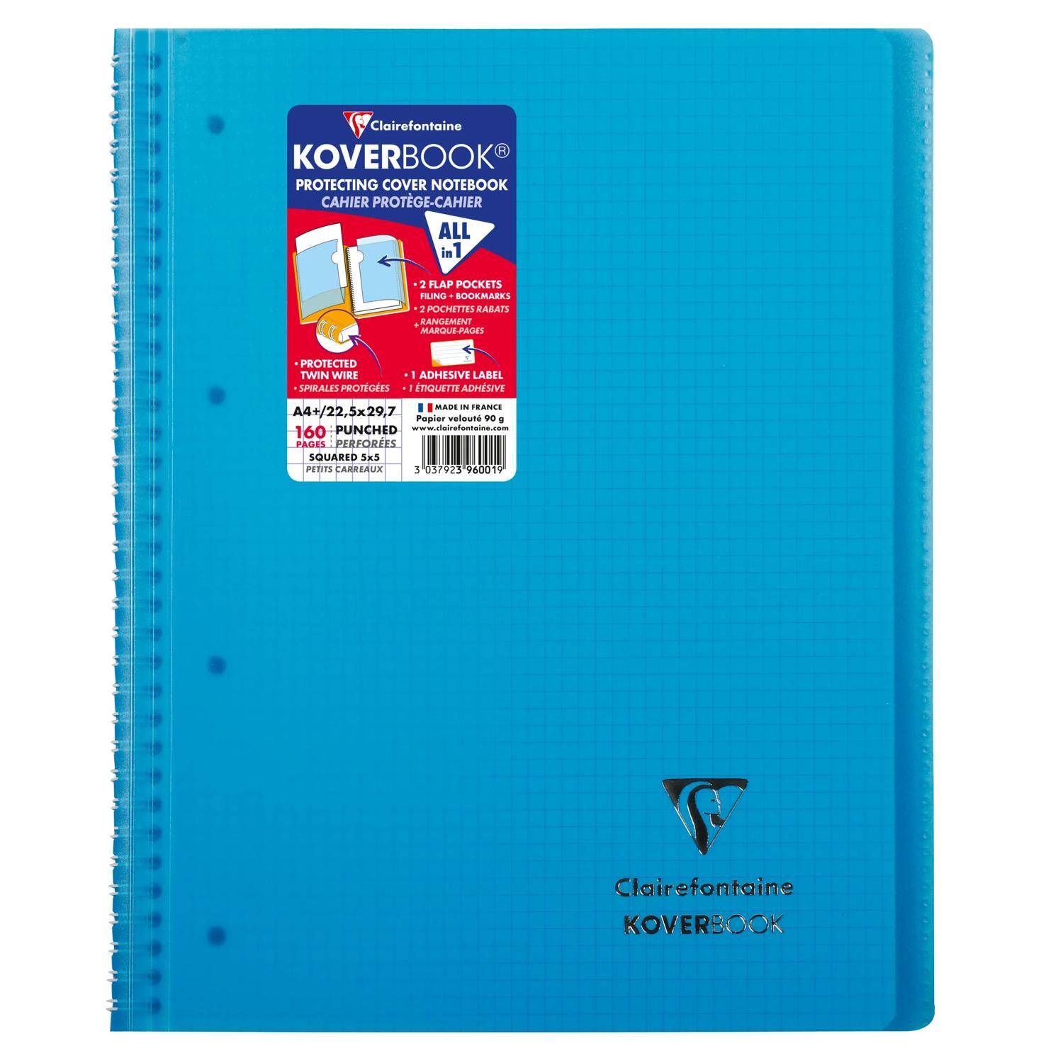 Blauer Clairefontaine KOVERBOOK Notizbucheinband mit Spiralbindung, beschriftet mit „PROTECTING COVER NOTEBOOK" und „ALL in 1"".