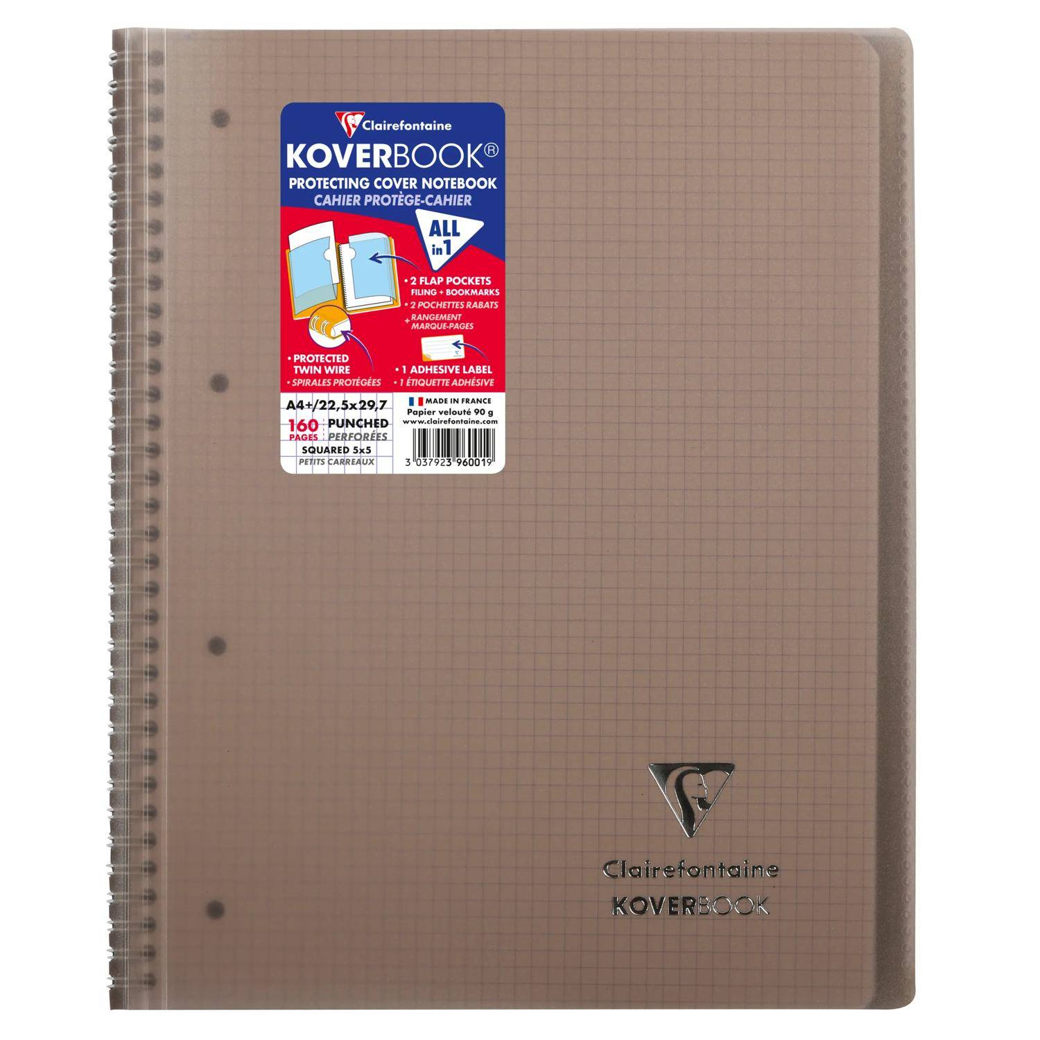 Beige spiralgebundenes Clairefontaine Koverbook Notizbuch mit transparentem Umschlag und Produktetikett auf der Vorderseite.