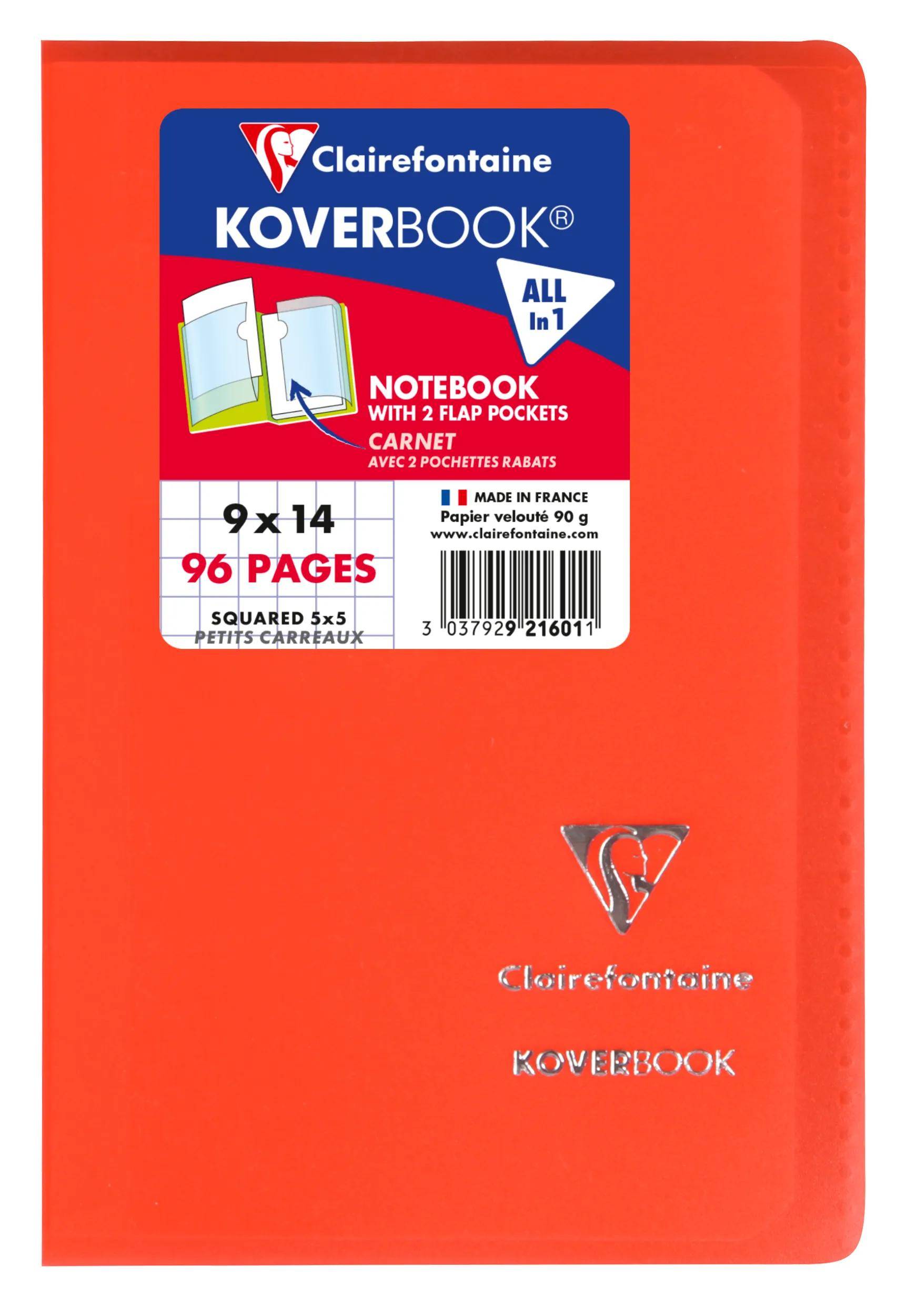 Orange Clairefontaine Koverbook Notizbucheinband mit blauem und rotem Etikett, zeigt '9 x 14', '96 SEITEN' und 'ALLES IN 1'.