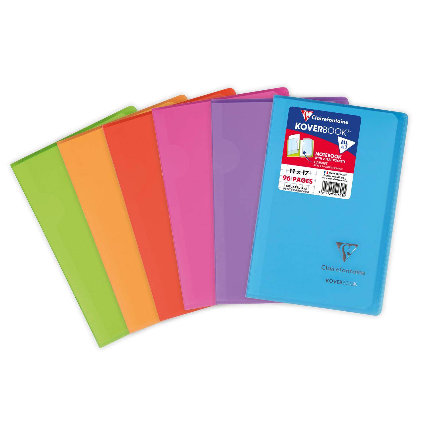 Fünf bunte spiralgebundene Notizbücher, fächerförmig angeordnet, mit einem blauen Clairefontaine Koverbook Notizbuch im Vordergrund, beschriftet mit '11 x 17' und '96 Seiten'.
