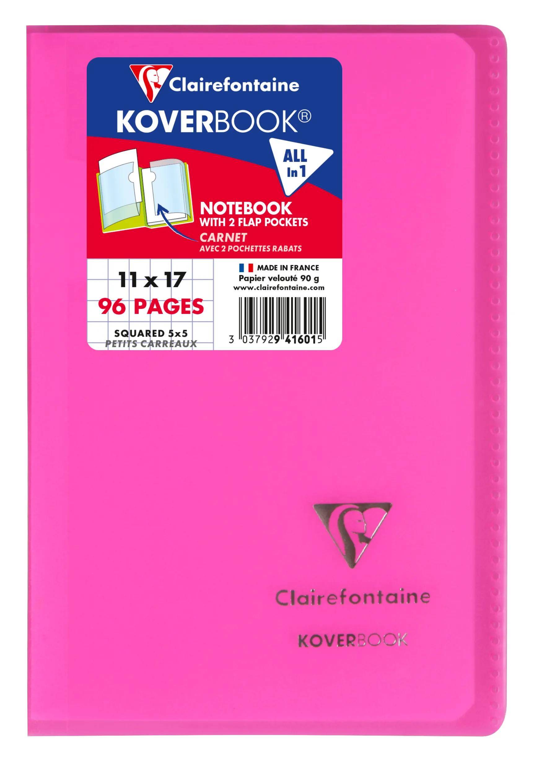 Rosafarbener Clairefontaine KOVERBOOK Notizbucheinband mit der Bezeichnung „All in 1", „Notizbuch mit 2 flachen Taschen"", 11 x 17 cm, 96 Seiten, Quadratpapier.