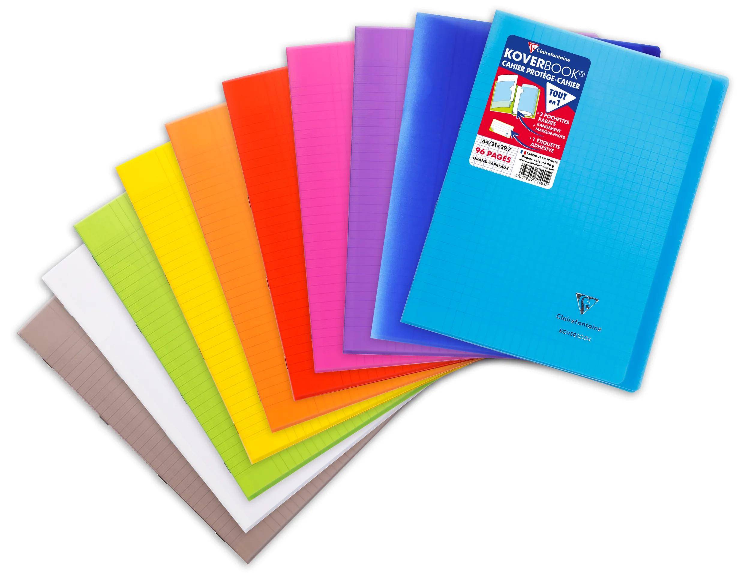Stapel von farbenfrohen Kunststoff-Notizbucheinbänden, die auf weißem Hintergrund in einem Regenbogen von Farben ausgefächert sind.