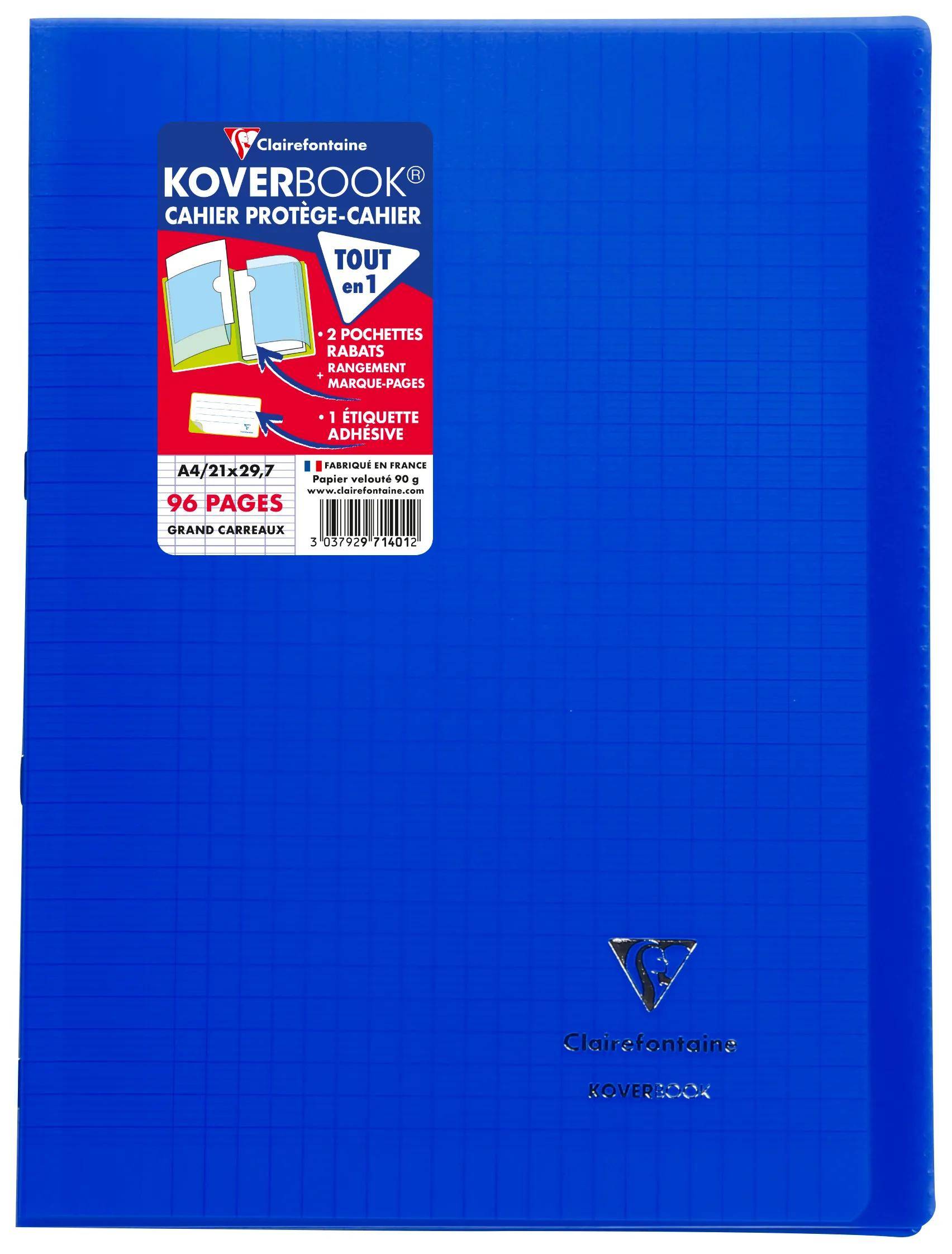 Blauer Clairefontaine Koverbook Schulheft mit Umschlag und Produktetikett, 96 Seiten und eingebauten Taschen/Registerstreifen.