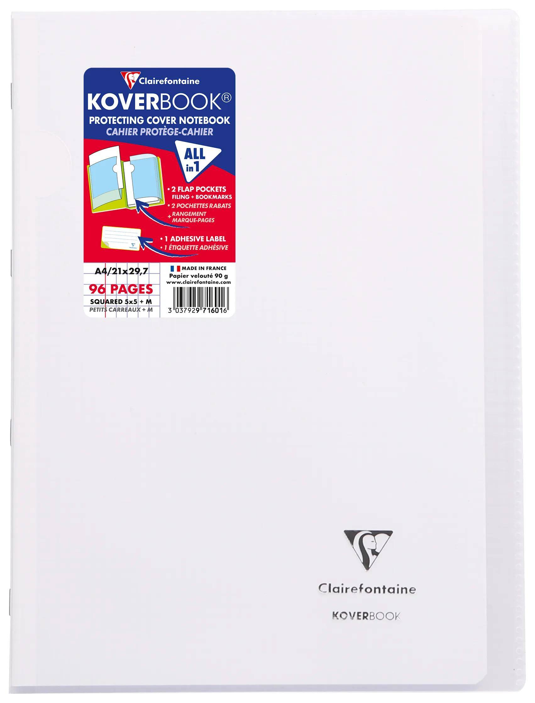 Weißes Clairefontaine Koverbook Notizbuch mit Produktetikett oben links und Logo in der Nähe des unteren Endes