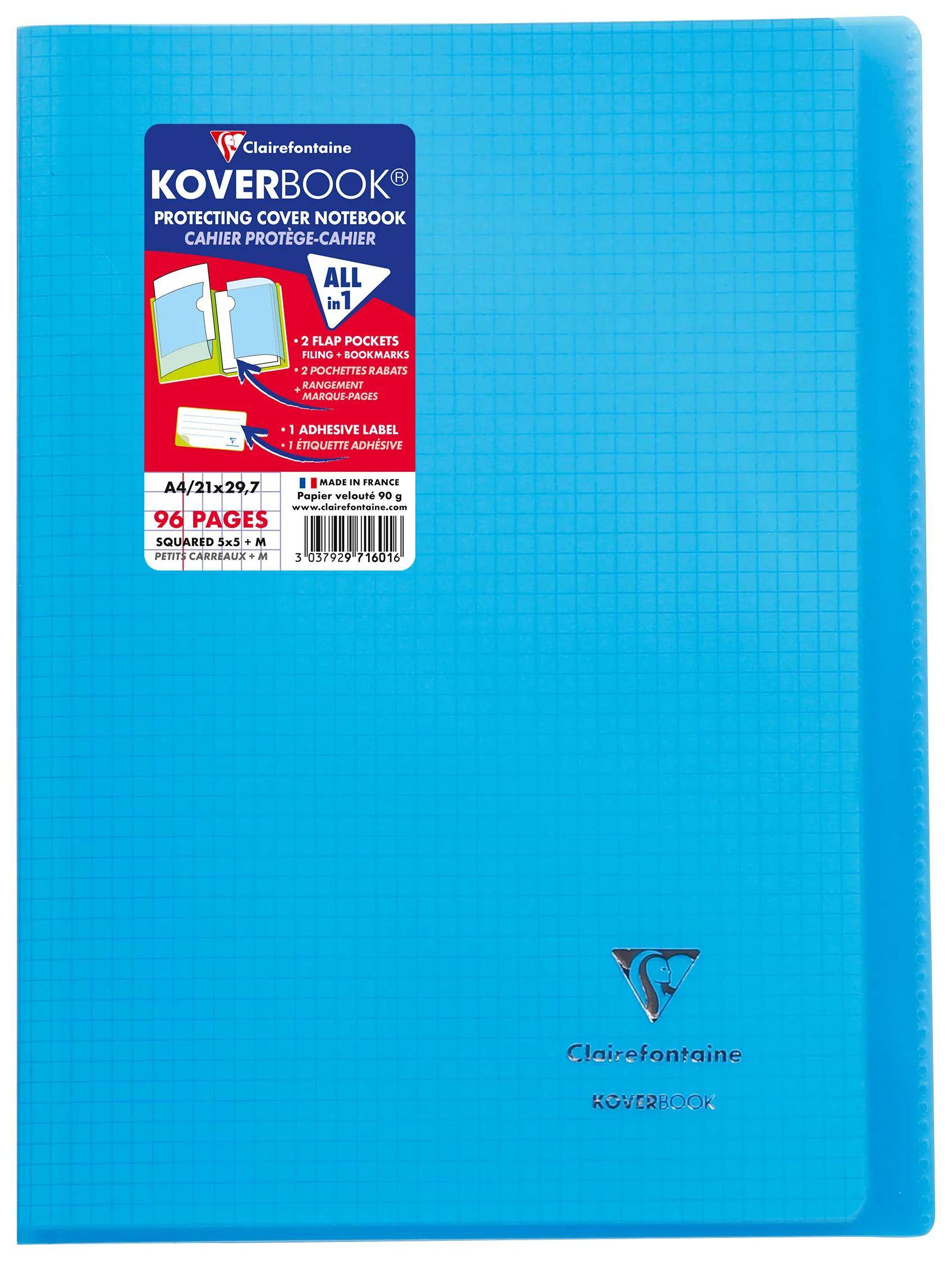 Blauer Clairefontaine Koverbook Notizbuchteinband mit Rastermuster und Vorderetikett mit der Aufschrift „96 Seiten