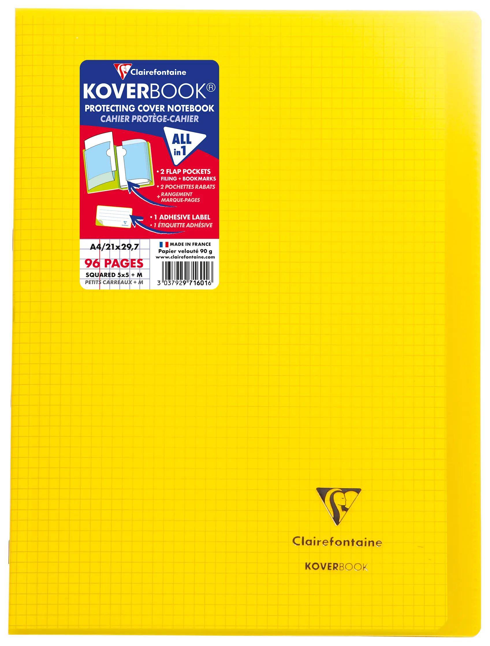Gelbes Clairefontaine Koverbook Schutzumschlag für Notizbücher mit kariertem Rastermuster und kleinem Produktetikett in der oberen linken Ecke.
