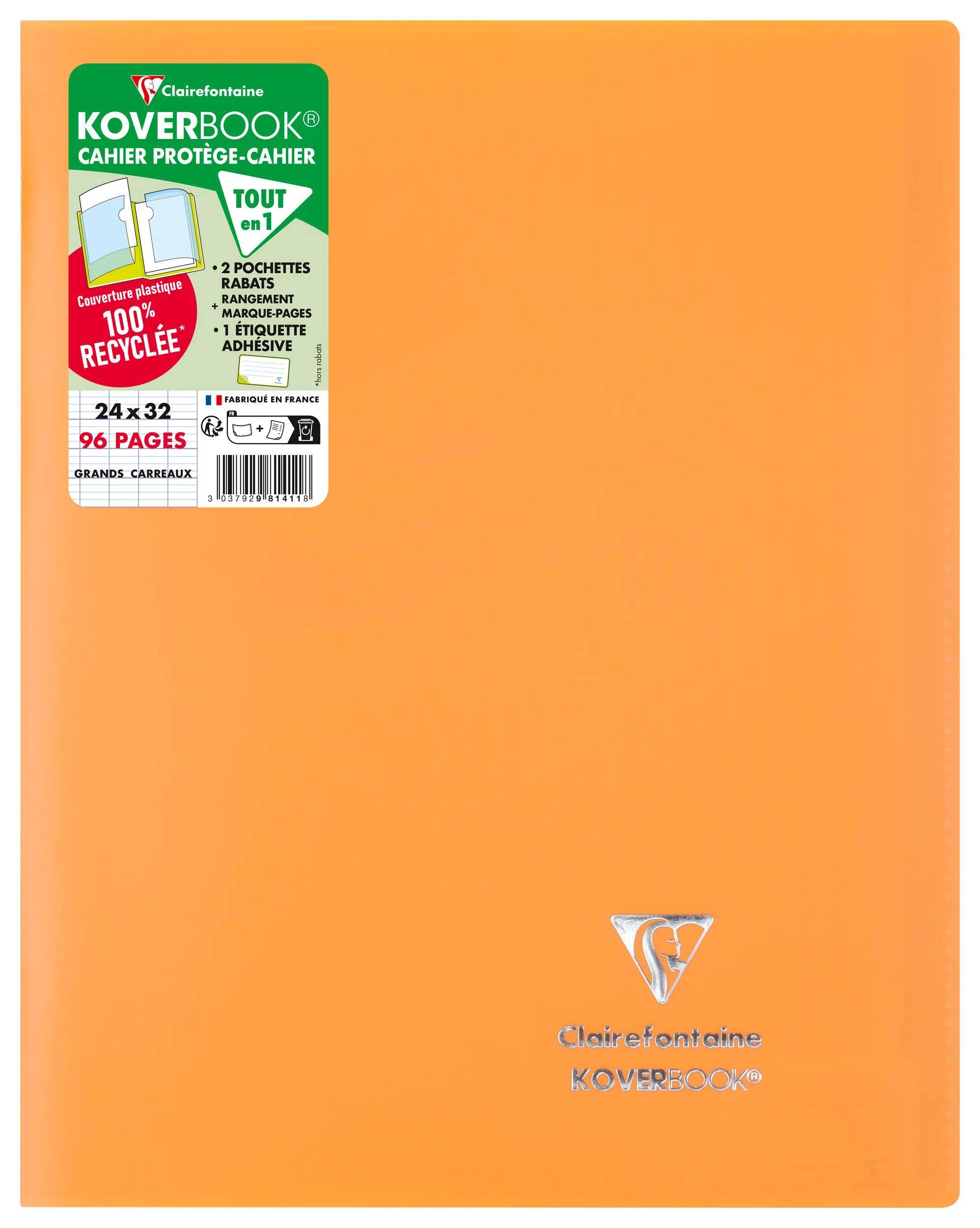 Orange Clairefontaine Koverbook Notizbuch-Einband mit Produktetikett oben links, zeigt die Größe 24 x 32, 96 Seiten und Recycling-Einband.