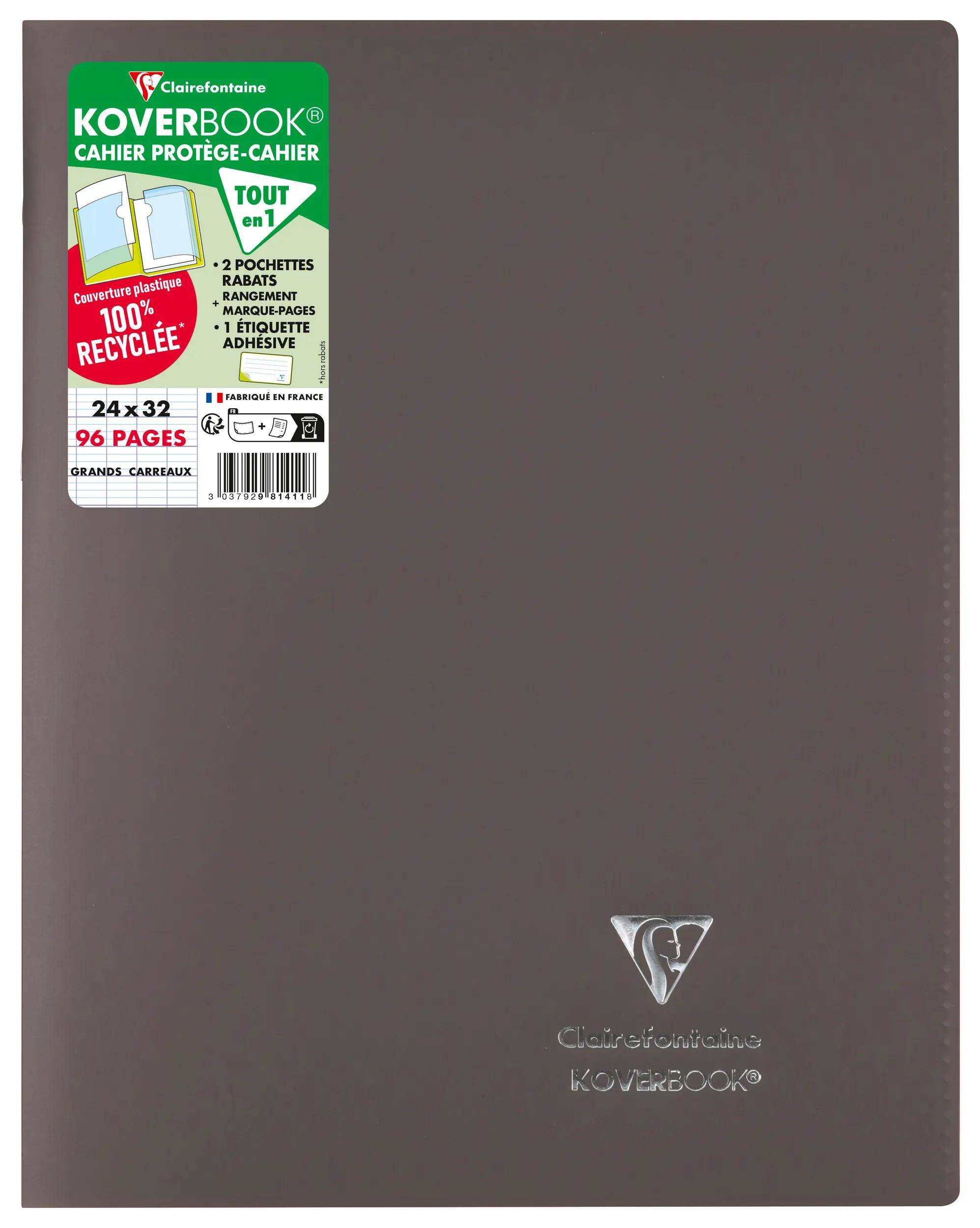 Braunes Clairefontaine Koverbook Notizbuch-Cover mit großem grün-weiß bedrucktem Produktetikett oben links und geprägtem Logo in der Nähe des unteren Endes.
