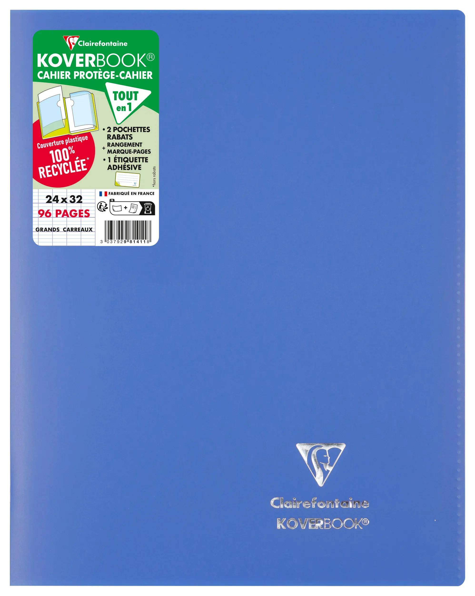 Blauer Clairefontaine Koverbook Notizbucheinband mit einem Etikett oben links mit den Angaben 24 x 32, 96 Seiten und 100% Recyclingpapier.