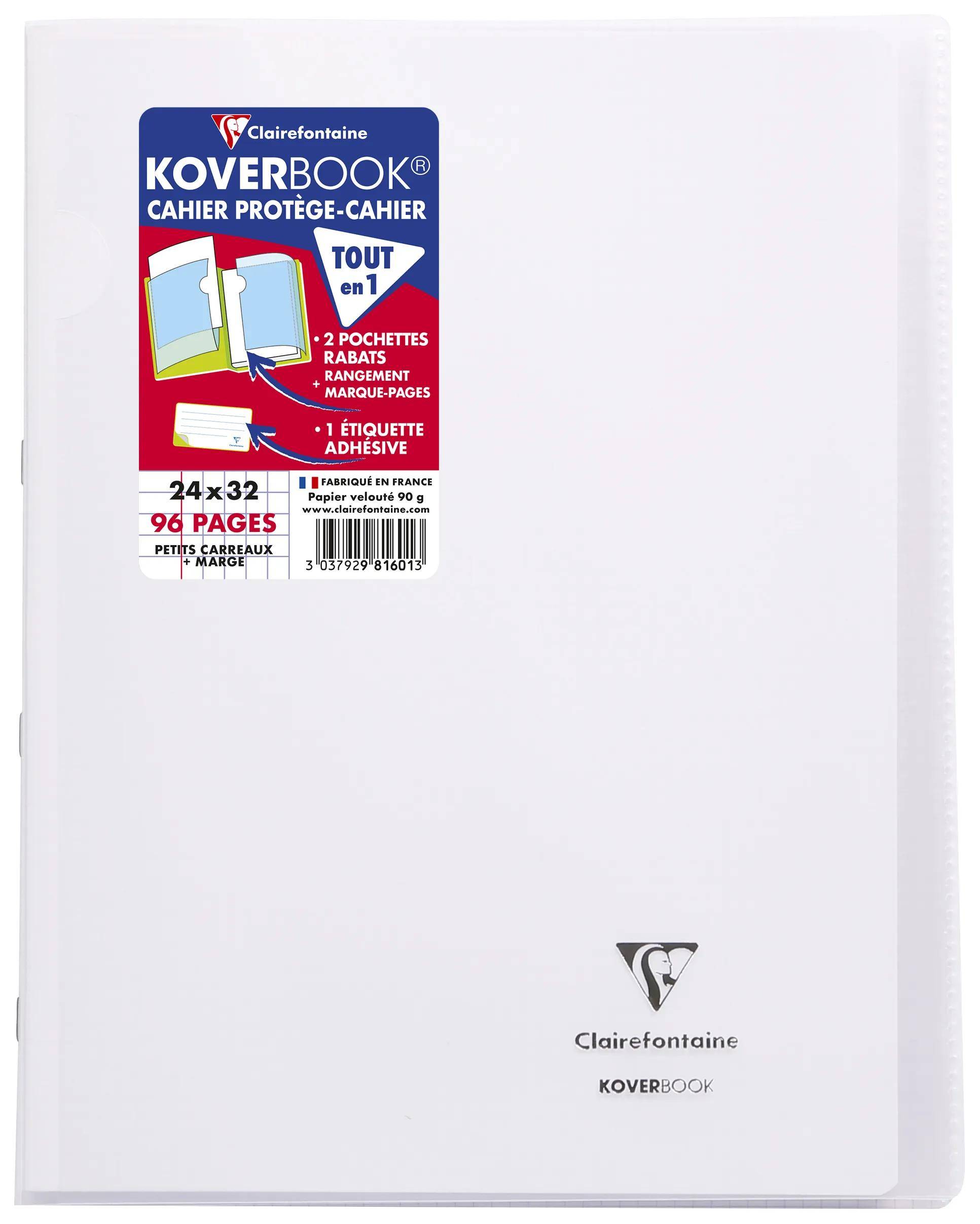 Weißer Clairefontaine Koverbook Notizbucheinband mit französischem Etikett, das 24 x 32, 96 Seiten und ein integriertes Taschen-/Klappsystem zeigt.