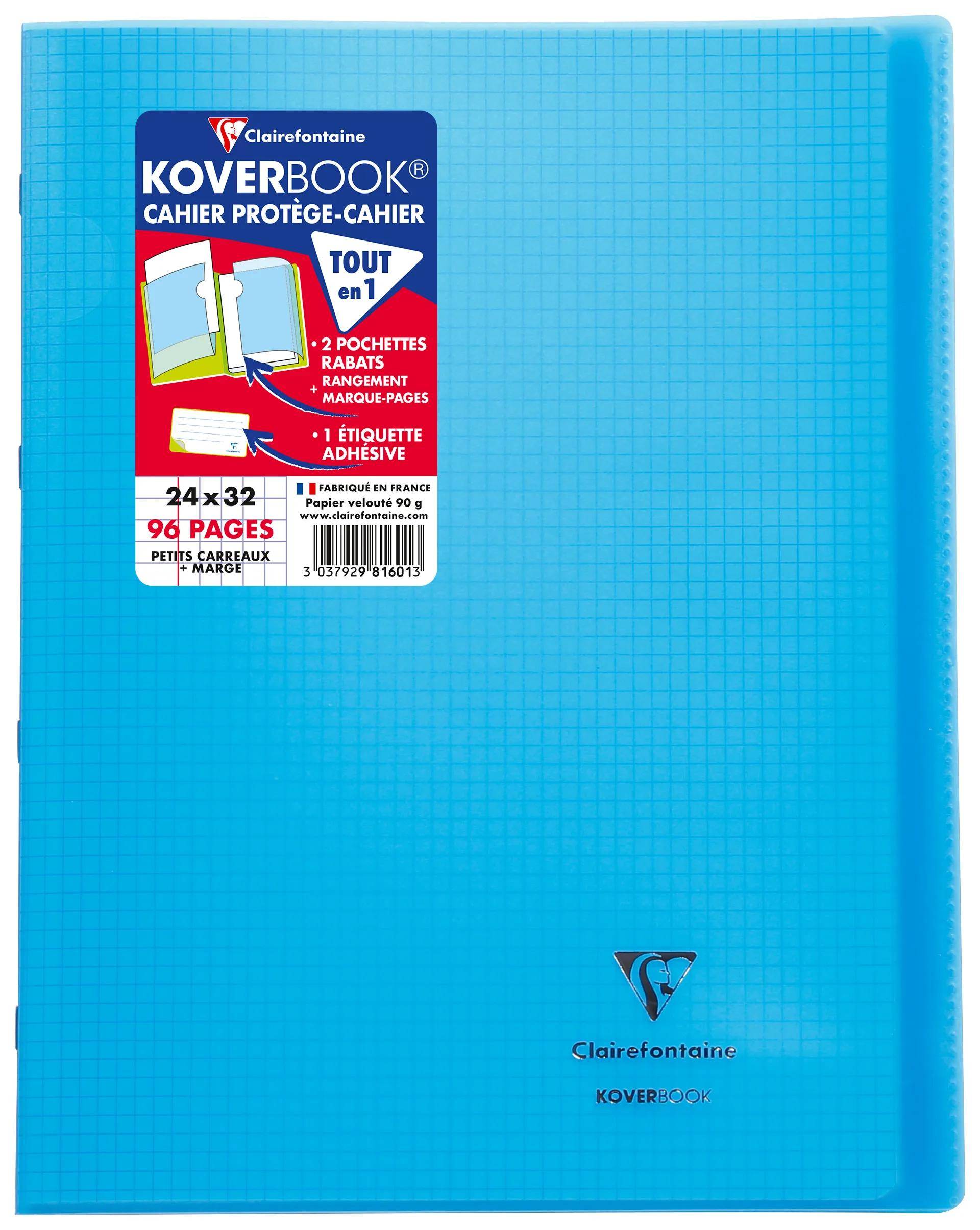Blauer Clairefontaine Koverbook Schulnotizbuch-Einband mit Produktetikett, das einen All-in-One-Notizbuchschutz mit 24 x 32 cm und 96 Seiten zeigt.