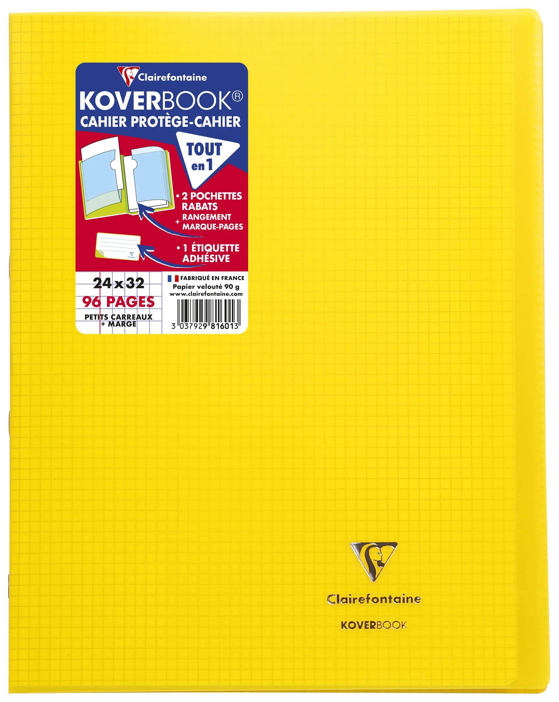 Gelbes Clairefontaine Koverbook Schulnotizbuch mit kleinem Etikett auf der Vorderseite, das „Tout en 1
