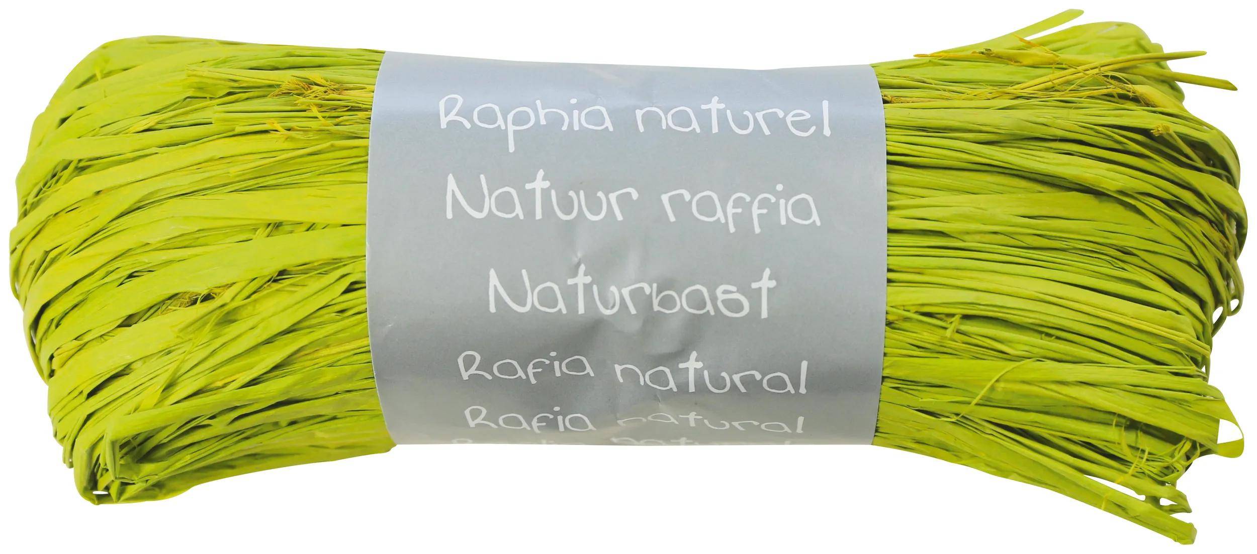 Bündel aus leuchtend grünen Raffiasfasern, mit einem grauen Etikett umwickelt, das „Raphia naturel