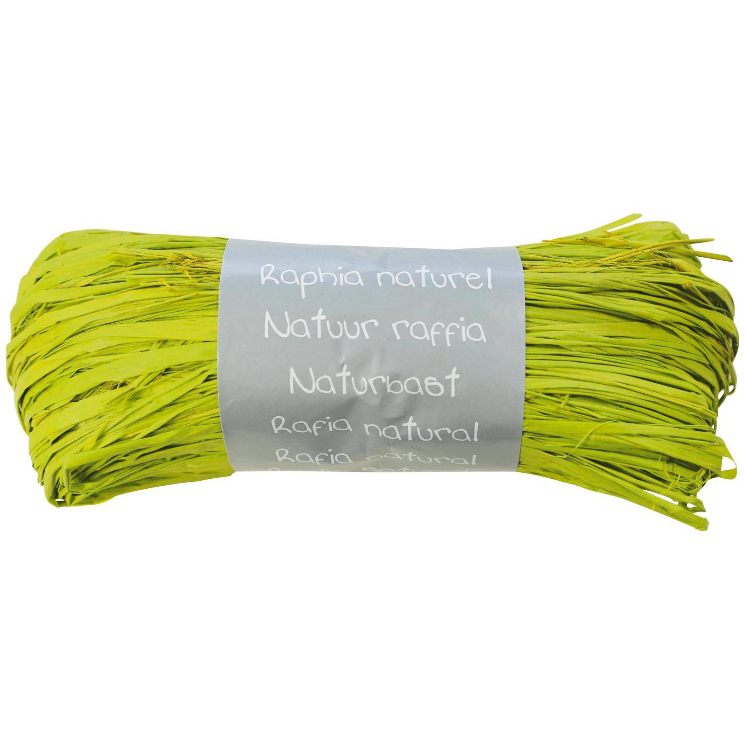 Bündel aus leuchtend grünen Sisal-Fasern, umwickelt mit einem grauen Etikett mit der Aufschrift "Rapha naturel"", ""Natur raffia"" und ""Naturbaft"".
