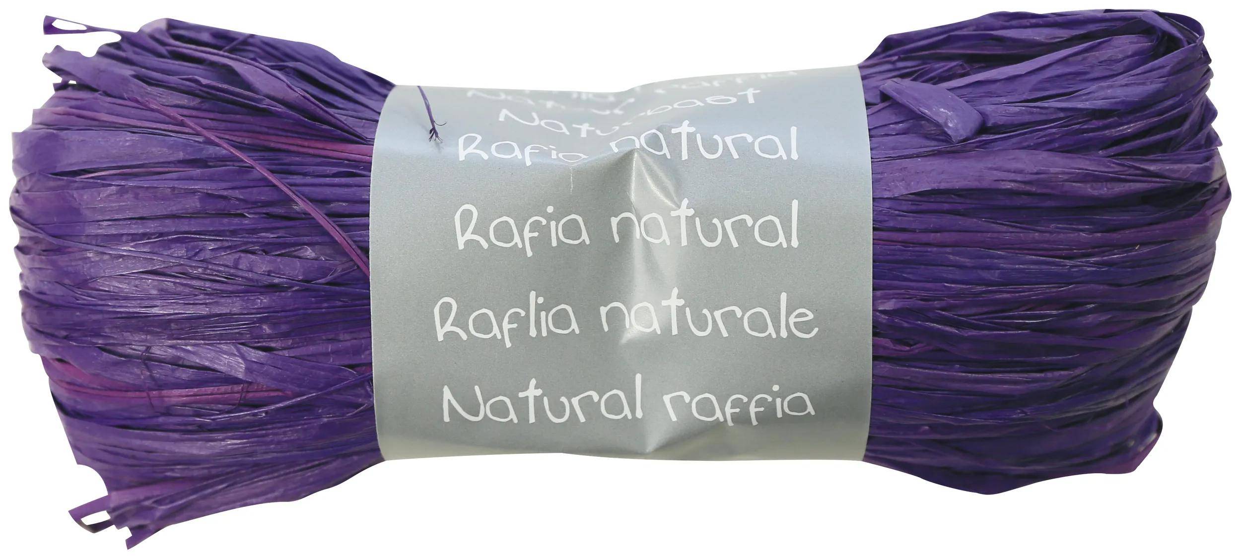 Violette Strähne aus natürlicher Raffia mit einem grauen Etikett mit der Aufschrift „Rafia natural