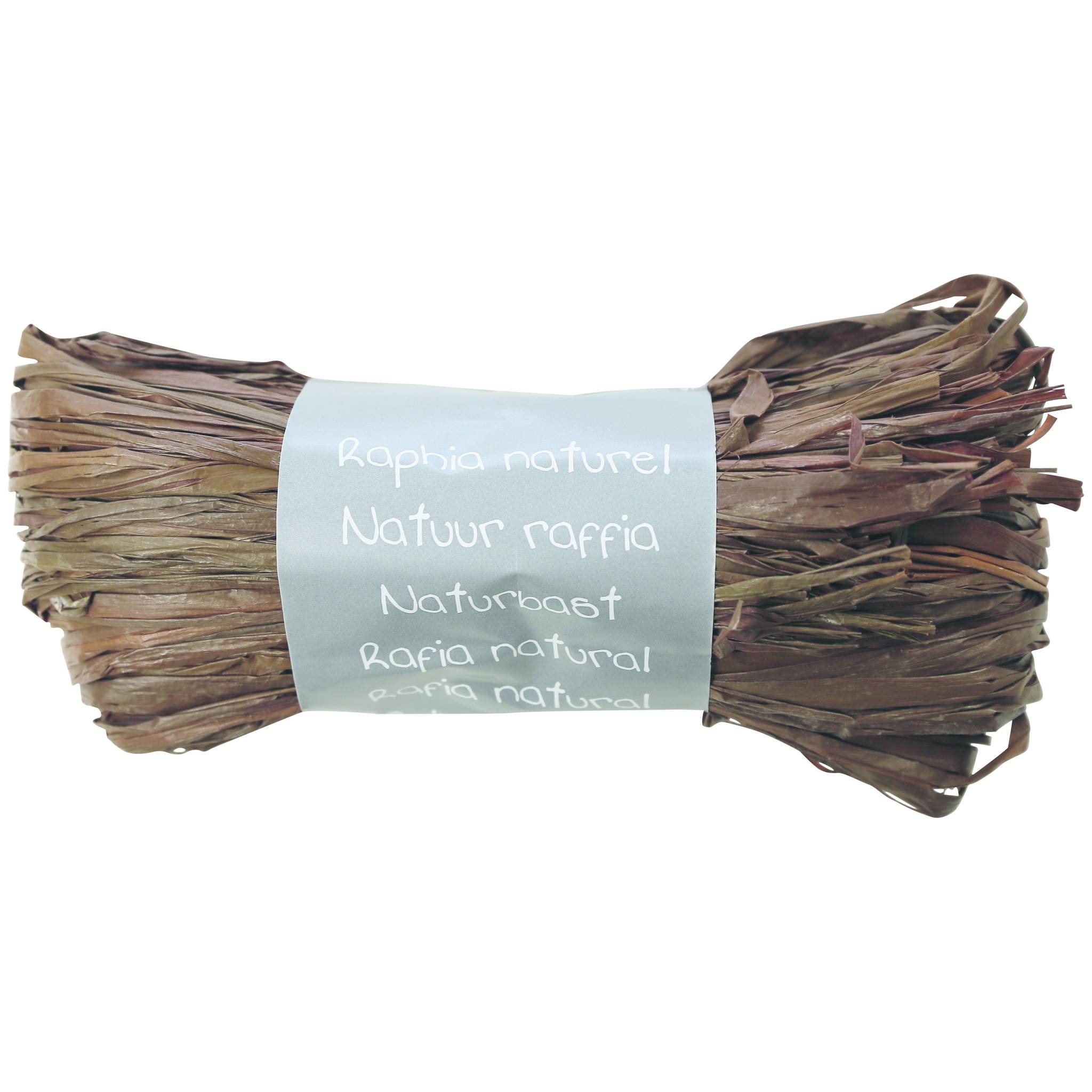 Bündel aus natürlichen Raffiafasern, umwickelt mit einem hellblauen Etikett mit der Aufschrift „Raphia naturel