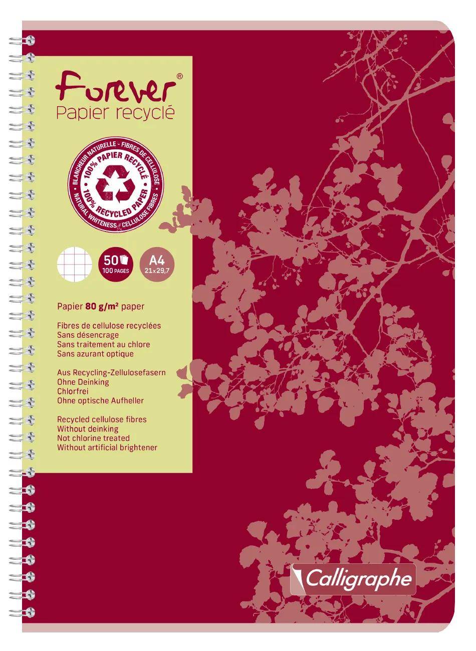 Ein burgunderrot spiralgebundenes Notizbuch mit dem Etikett „Forever Papier recyclé
