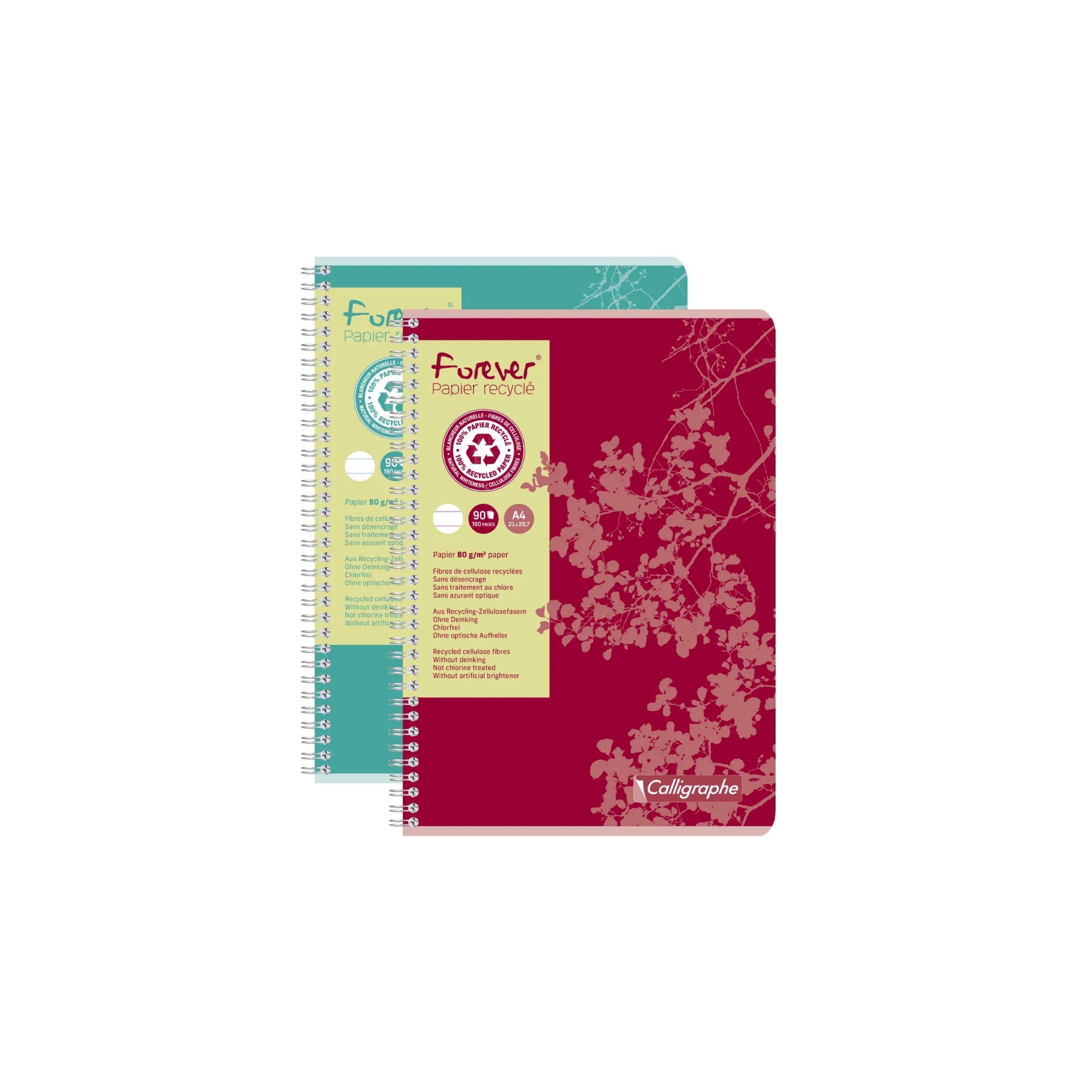 Zwei spiralgebundene Notizbuchcover, eines bordeauxrot mit Blumenmuster vorne und eines blaugrün hinten, mit den Aufschriften 