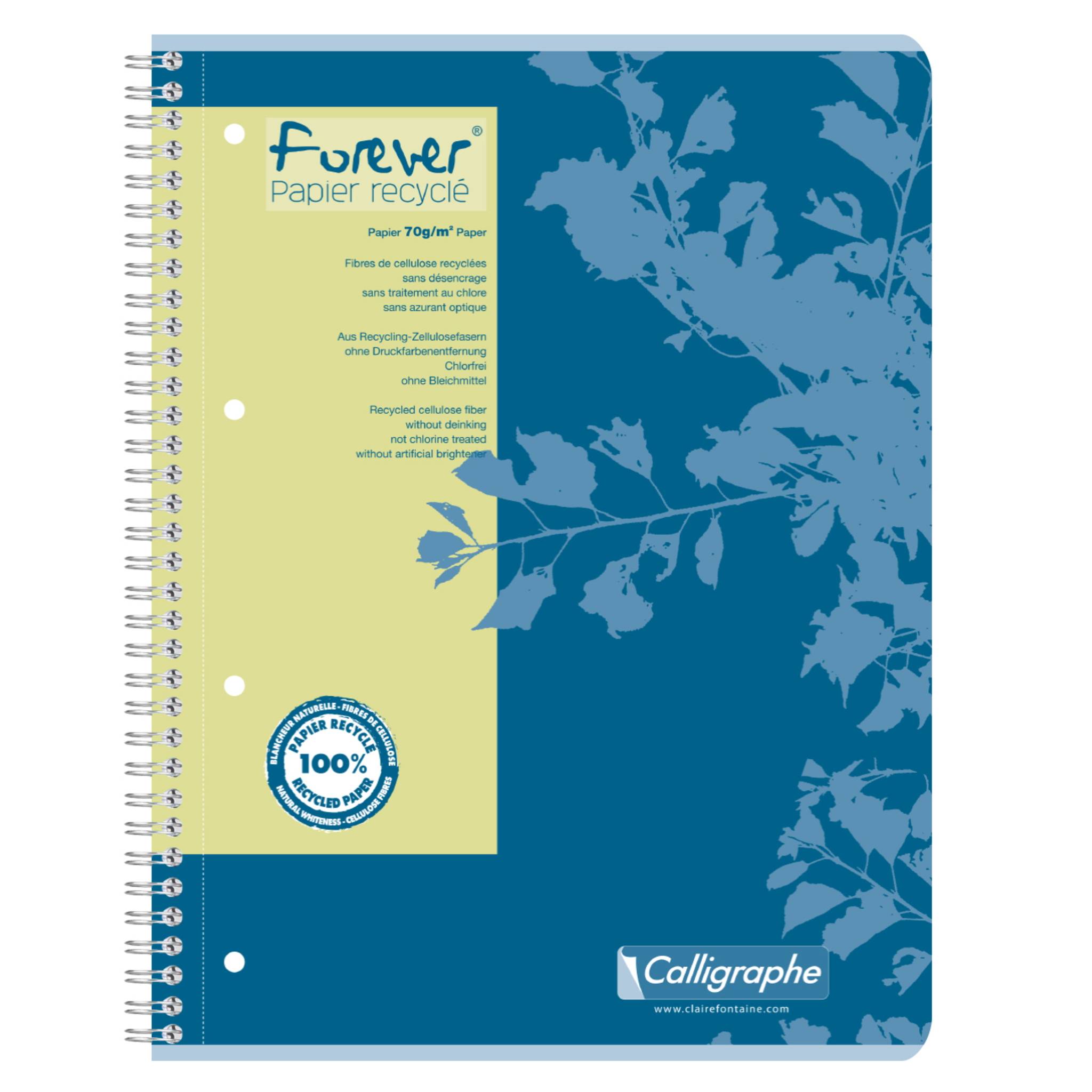Blaues spiralgebundenes Notizbuch mit grünem „Forever Papier recyclé