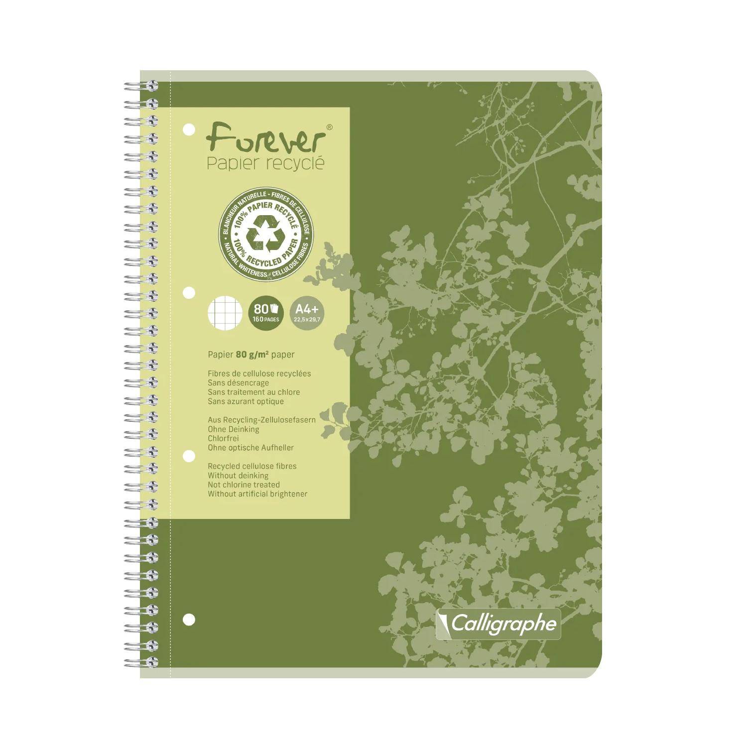 Grünes spiralgebundenes „Forever"-Notizbuch aus recyceltem Papier mit Blumenmuster und „Calligraphe""-Logo auf dem Umschlag.