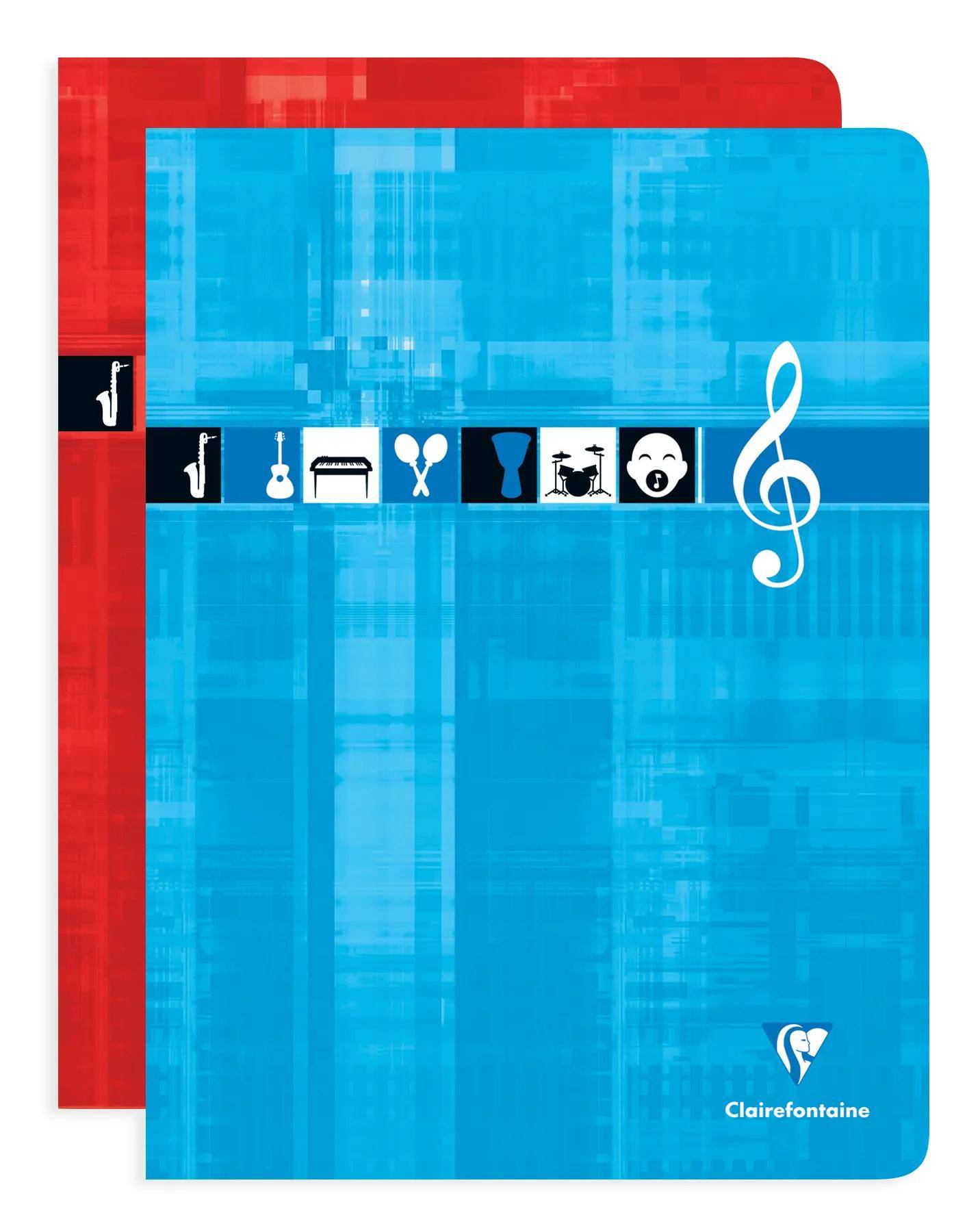 Blauer Clairefontaine Notizbucheinband mit rotem Rücken, mit einem weißen Violinschlüssel und einer Reihe von Musik- und Instrumentensymbolen in der Mitte.