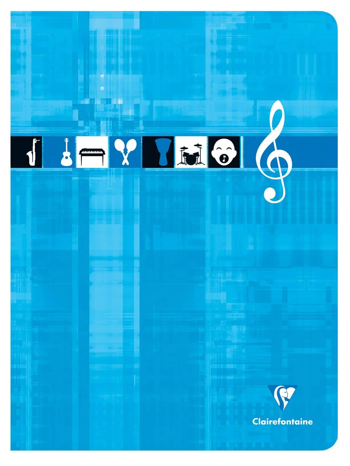 Blauer Clairefontaine-Notizbucheinband mit einer Reihe von Musik- und Instrumentensymbolen und einem großen weißen Violinschlüssel.