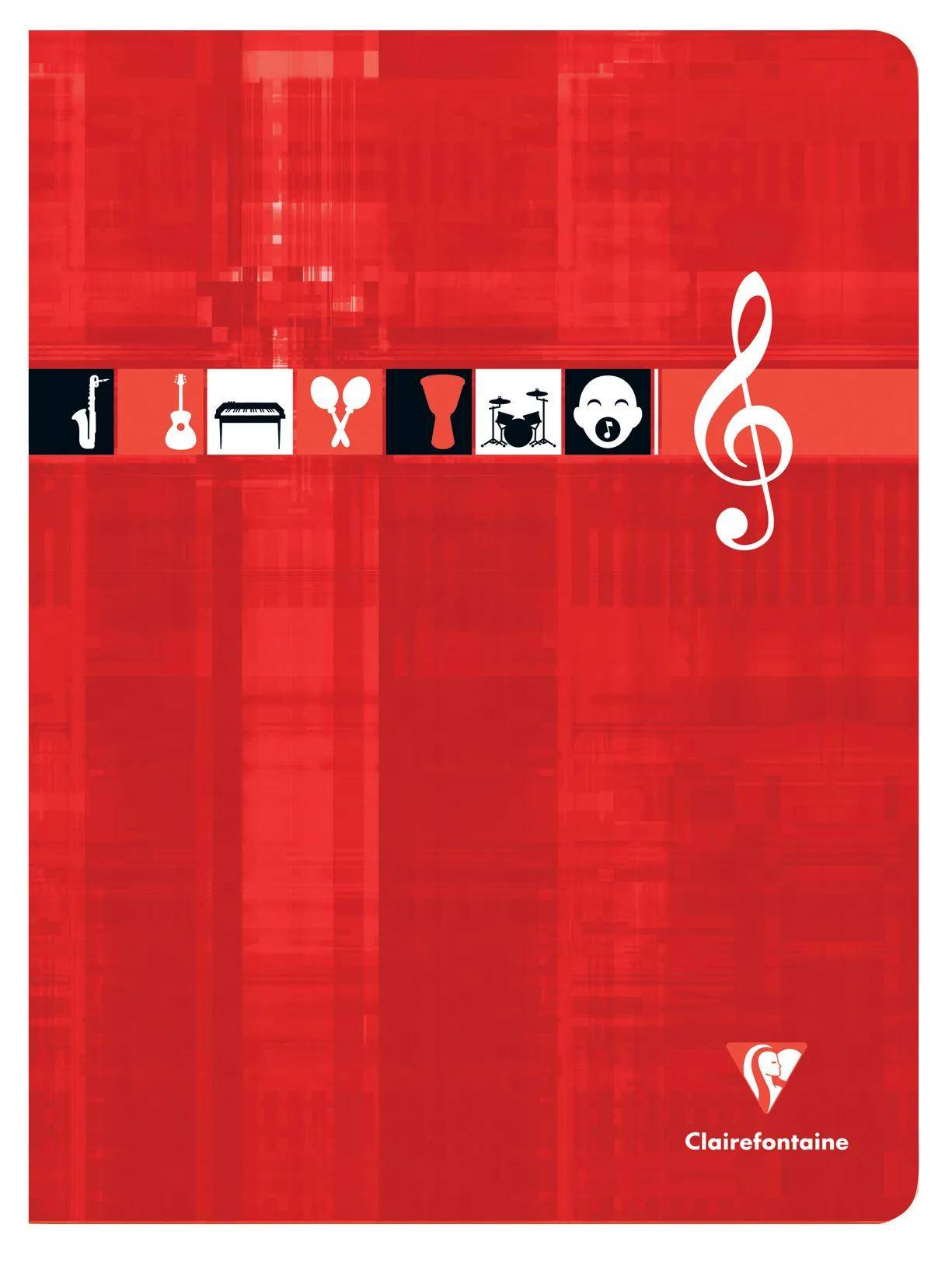 Rotes Clairefontaine-Notizbuch mit horizontalem Streifen aus Musik- und Instrumenten-Symbolen und großem weißem Violinschlüssel.