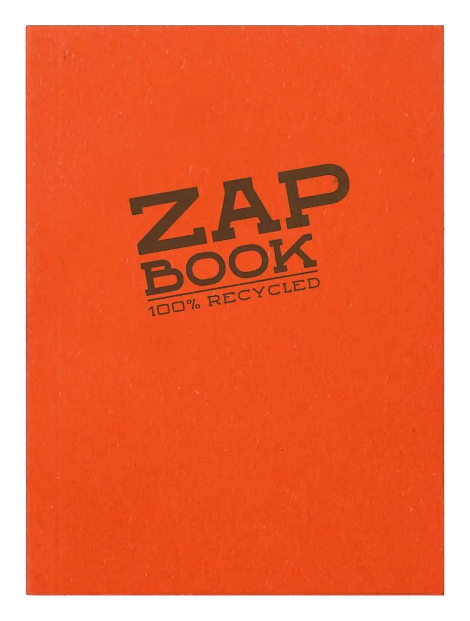 Orange 'ZAP BOOK' Notizbuchcover mit '100% RECYCLED' darauf gedruckt.