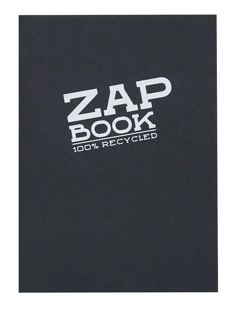 Schwarzer Notizbuchoderumschlag mit geneigtem weißem Text „ZAP BOOK