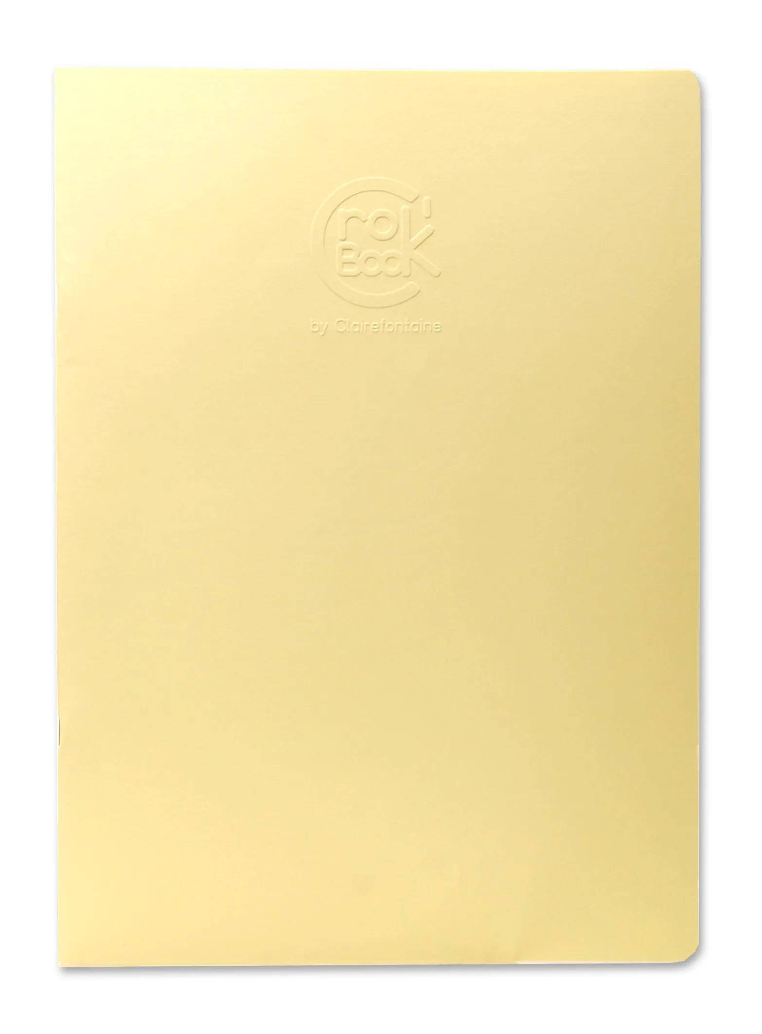 Ein einfacher hellgelber Buch- oder Notizbucheinband mit geprägtem Logo in der Mitte oben zentriert.