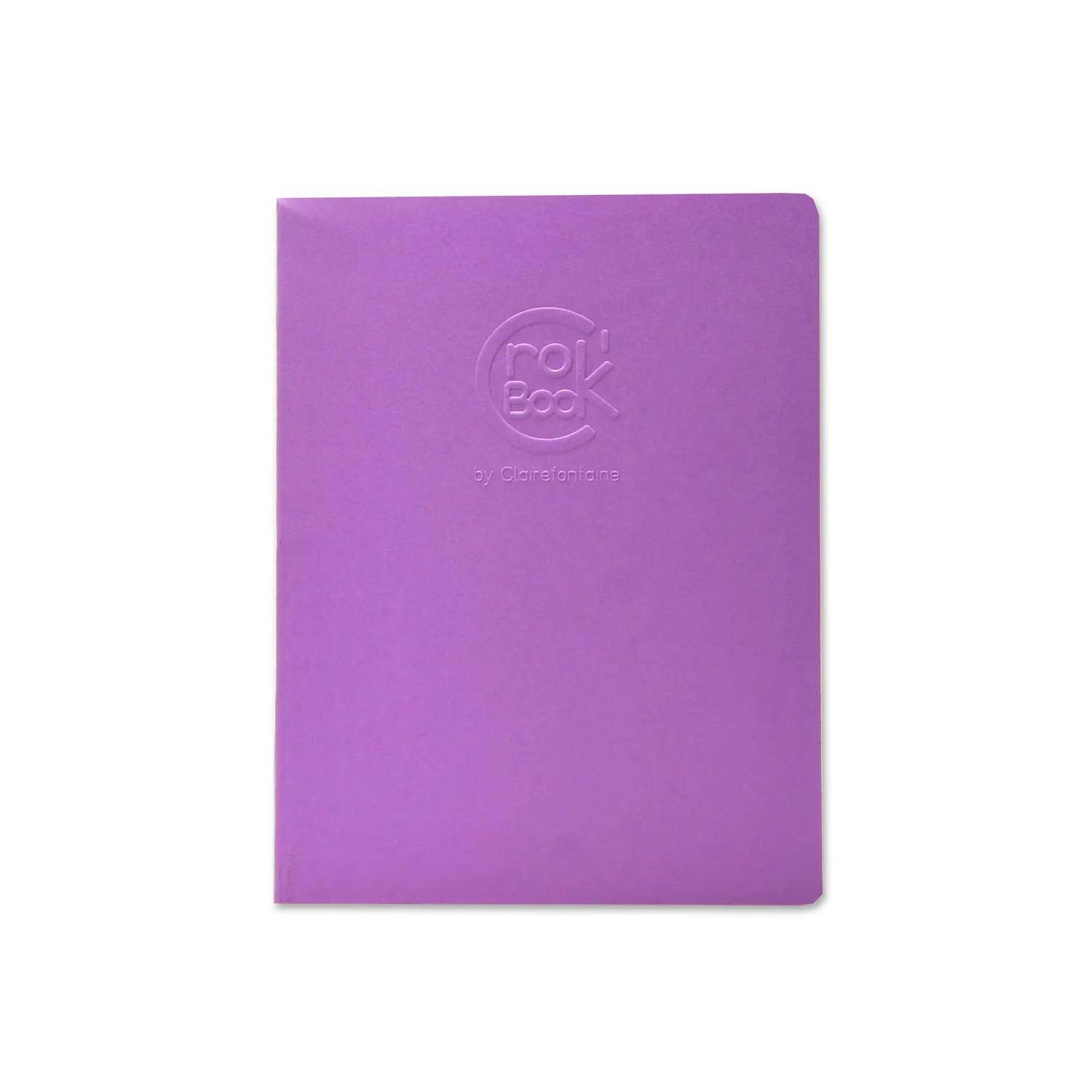 Violettes Notizbuch oder Planer mit geprägtem "rok book""-Logo auf dem Umschlag, geschlossen auf weißem Hintergrund gezeigt.