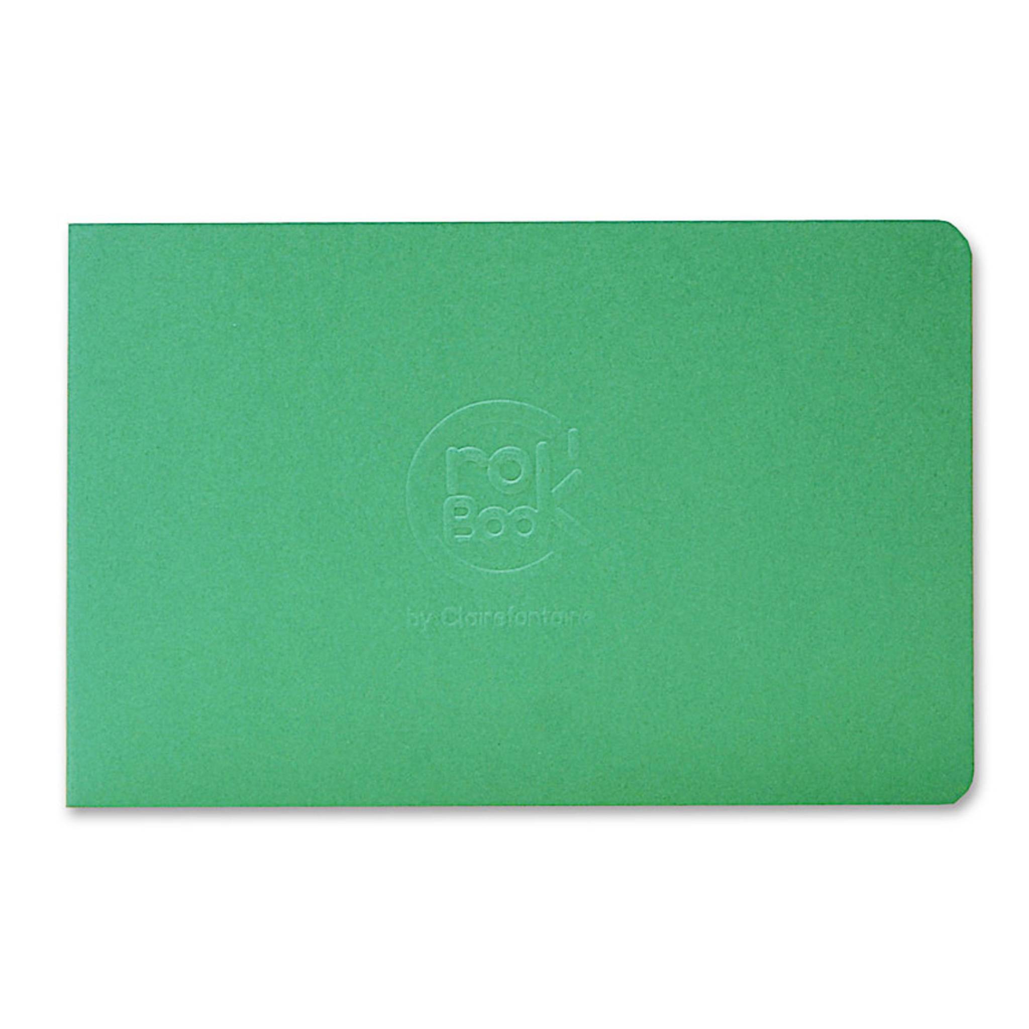 Grünes rechteckiges Notizbuch oder Ordner mit abgerundeten Ecken auf weißem Hintergrund, mit einem schwach geprägten kreisförmigen Logo in der Mitte.