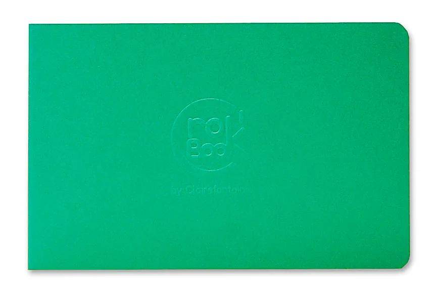 Grünes Notizbuch oder Ordnercover mit abgerundeten Ecken und einem schwach geprägten Logo in der Mitte der Vorderseite.
