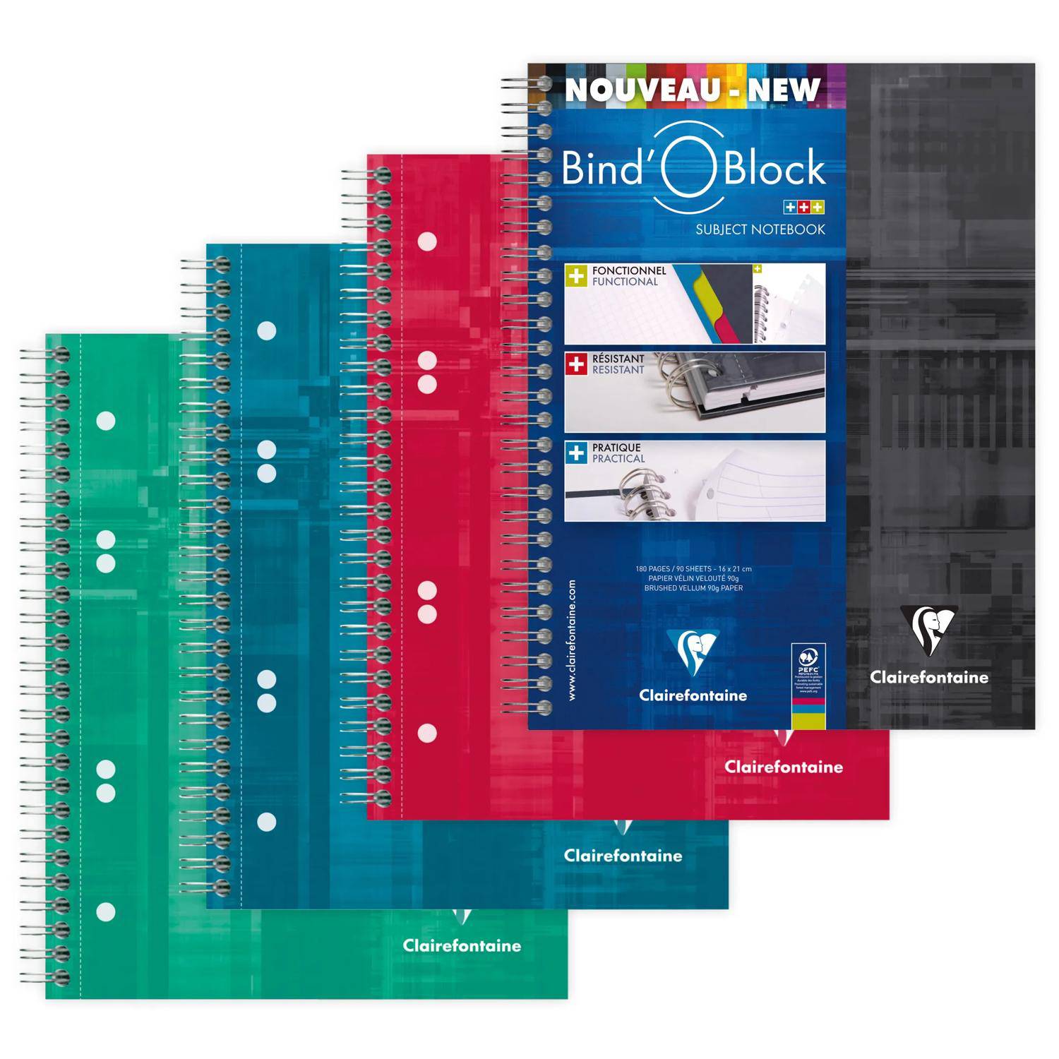 Stapel von Clairefontaine Bind'Block Spiralblöcken mit grünen, türkisen, roten, blauen und schwarzen Umschlägen, dargestellt als Produktlinie.