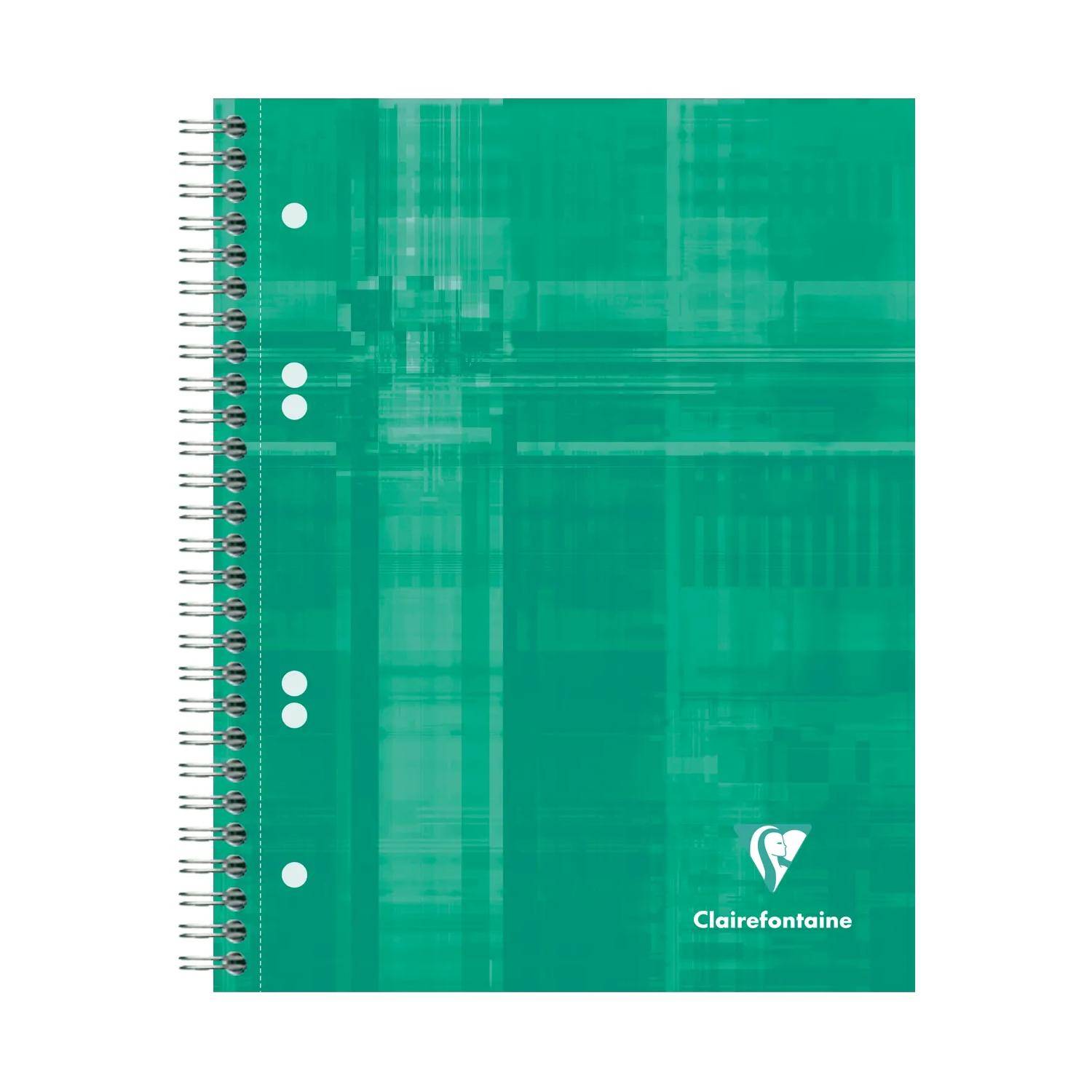 Grünes spiralgebundenes Notizbuch mit gemustertem Umschlag und dem Clairefontaine-Logo unten rechts.