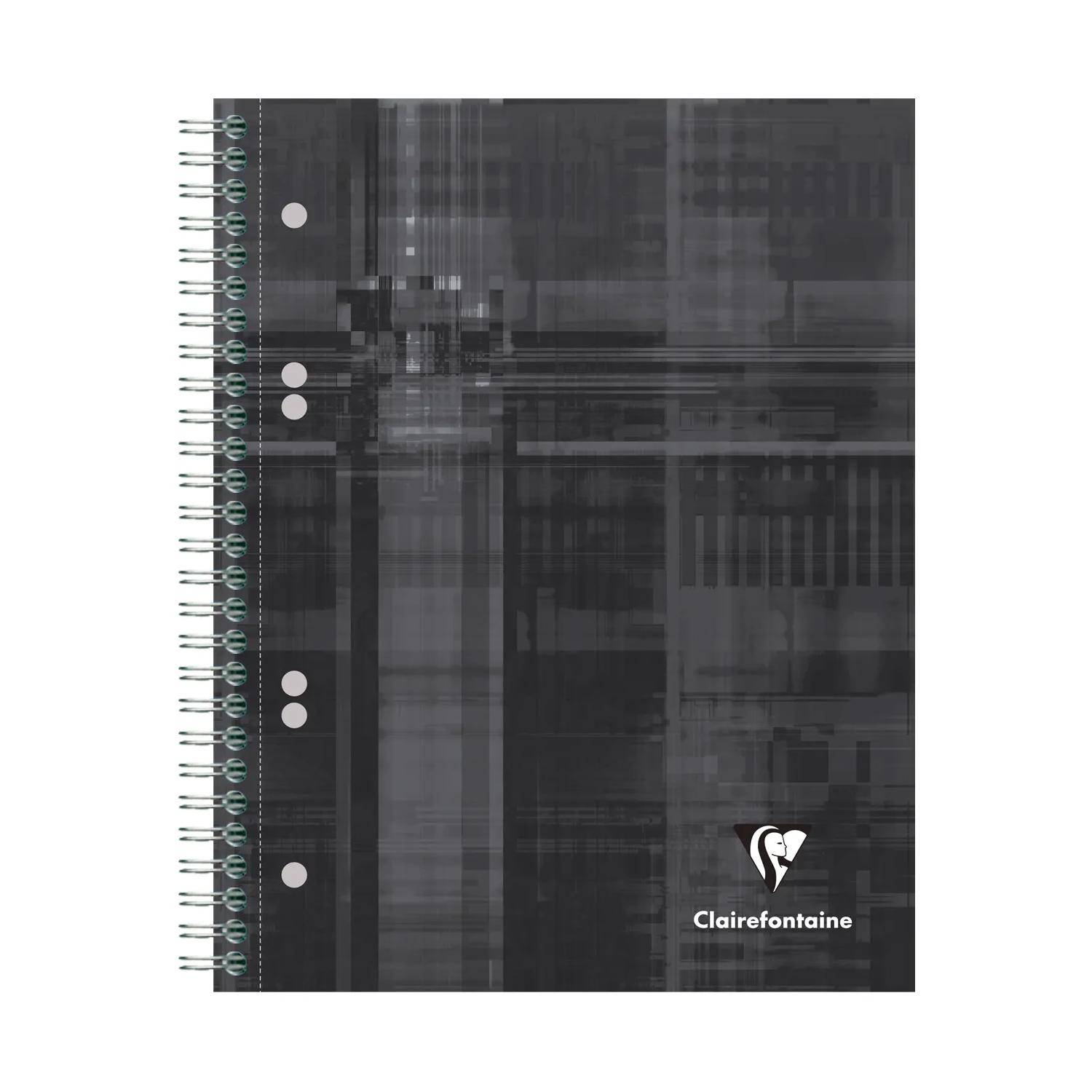 Schwarzes spiralgebundenes Notizbuch mit abstraktem dunkelgrauem geometrischem Umschlag und dem Logo „Clairefontaine" unten rechts.