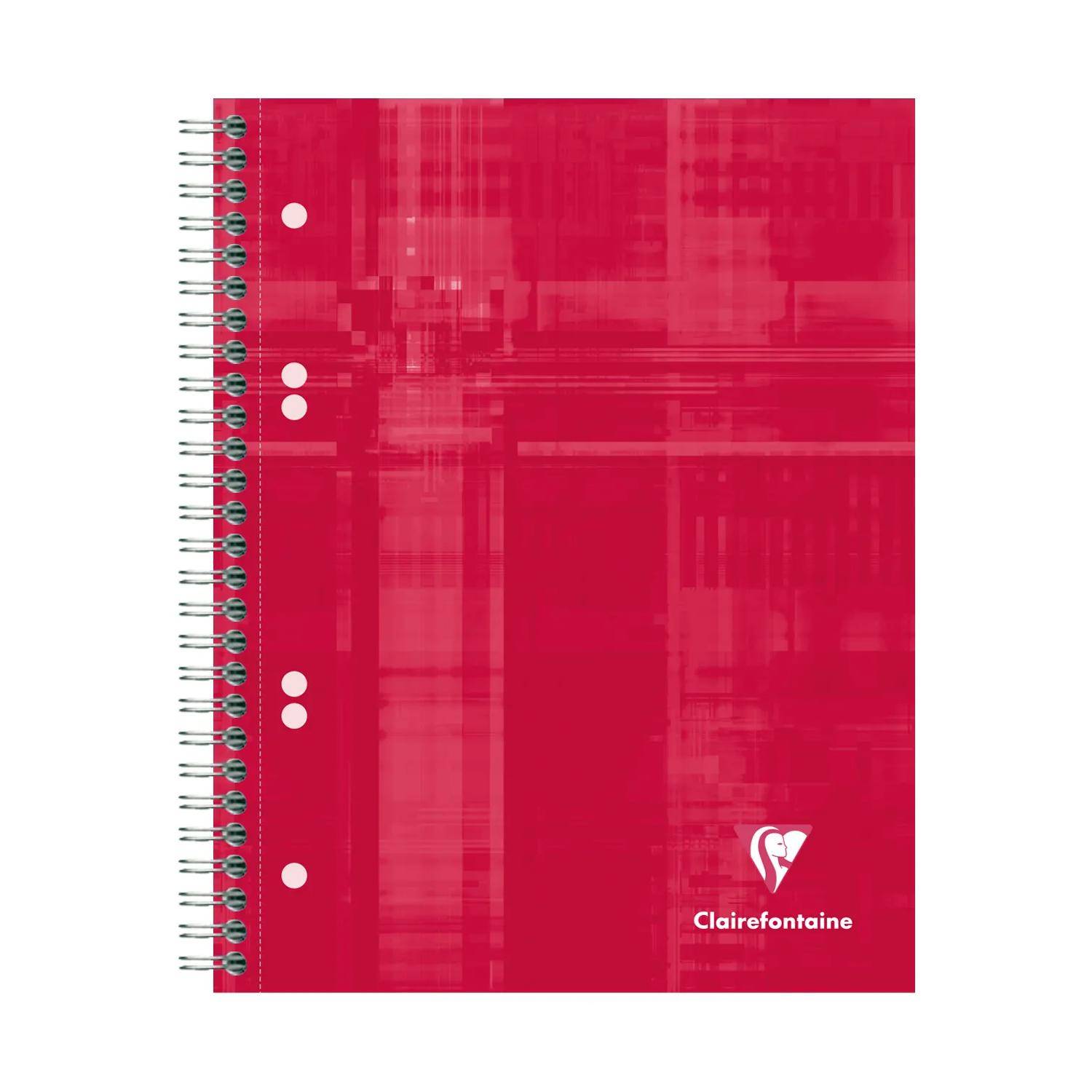Rotes spiralgebundenes Notizbuch mit geometrischem rosafarbenem Umschlag und Clairefontaine-Logo in der unteren rechten Ecke.