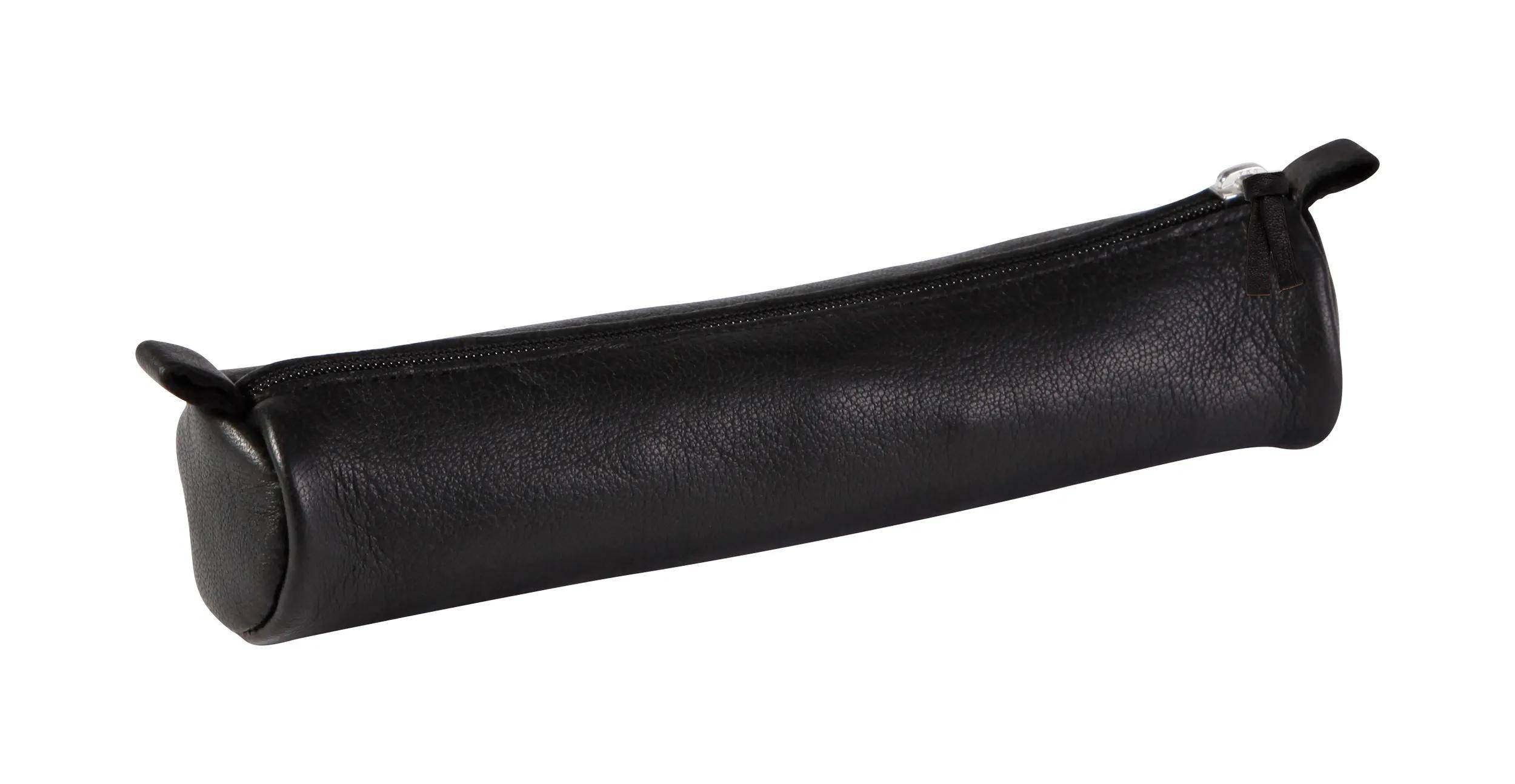 Schwarzes Leder-Etui mit Reißverschluss, gezeigt auf weißem Hintergrund.