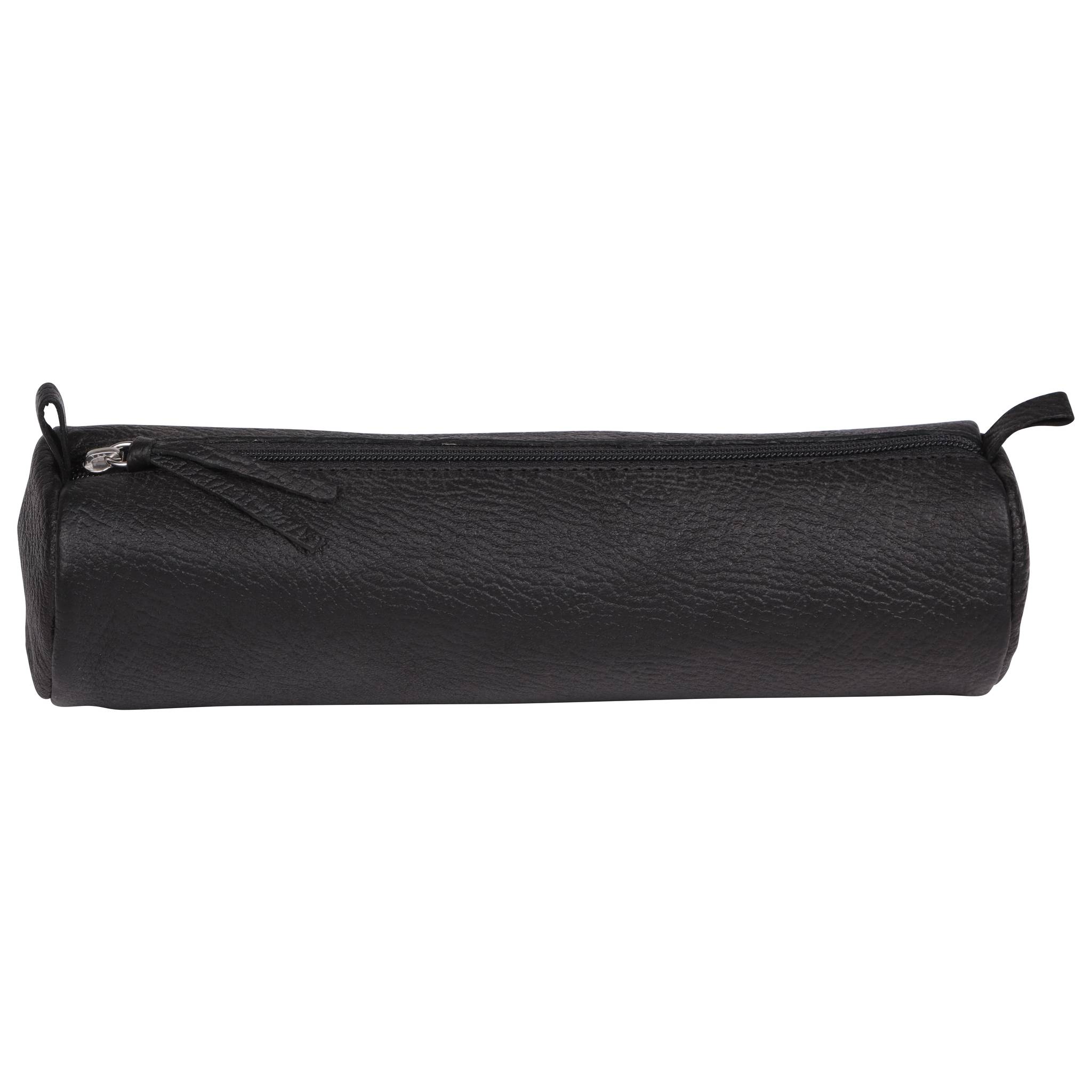 Schwarzes zylindrisches Leder-Etui mit Reißverschluss auf weißem Hintergrund.