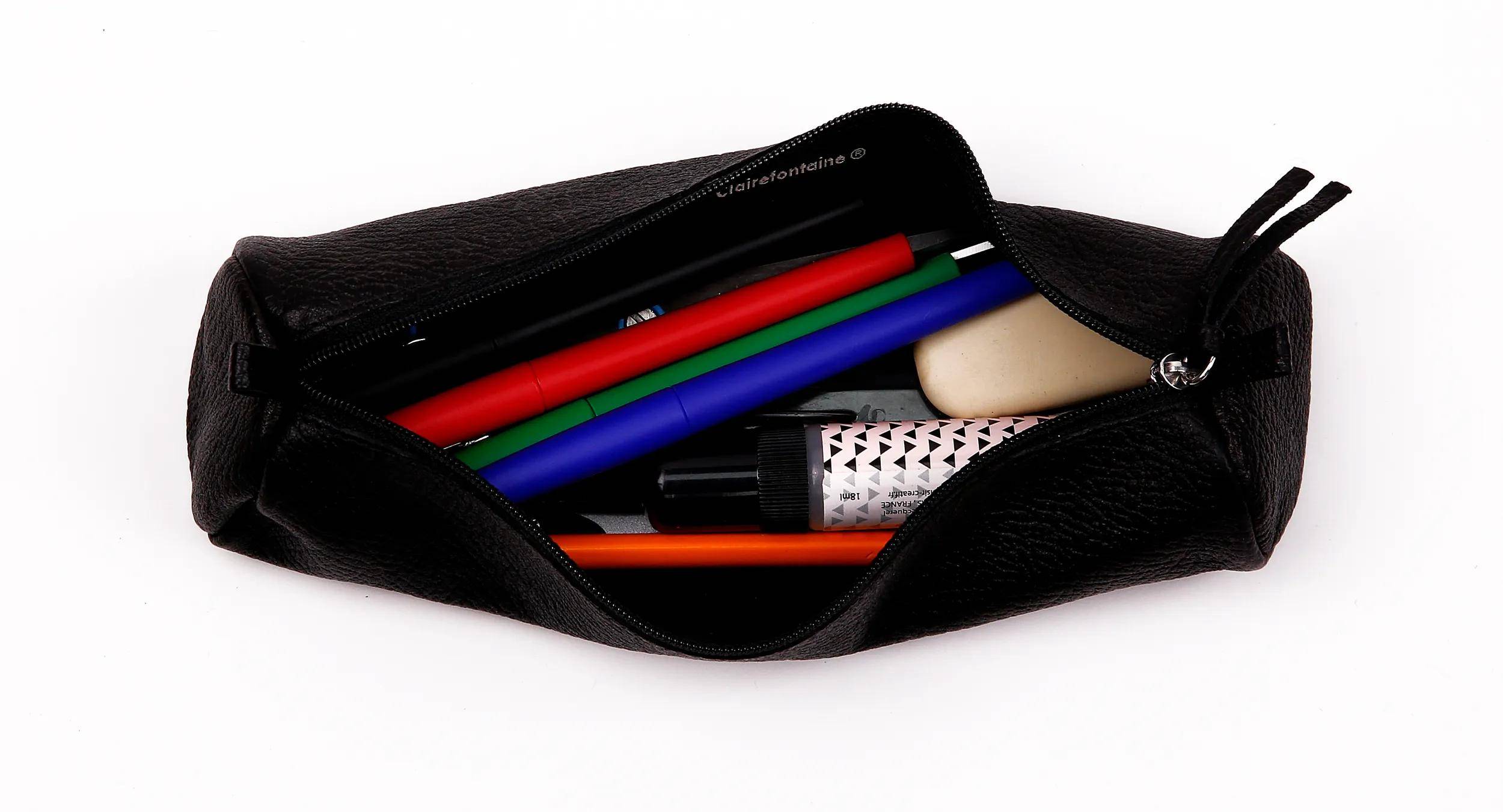 Clairefontaine 6x Rundes Schlampermäppchen aus Leder 5x22cm - Schwarz 8325C