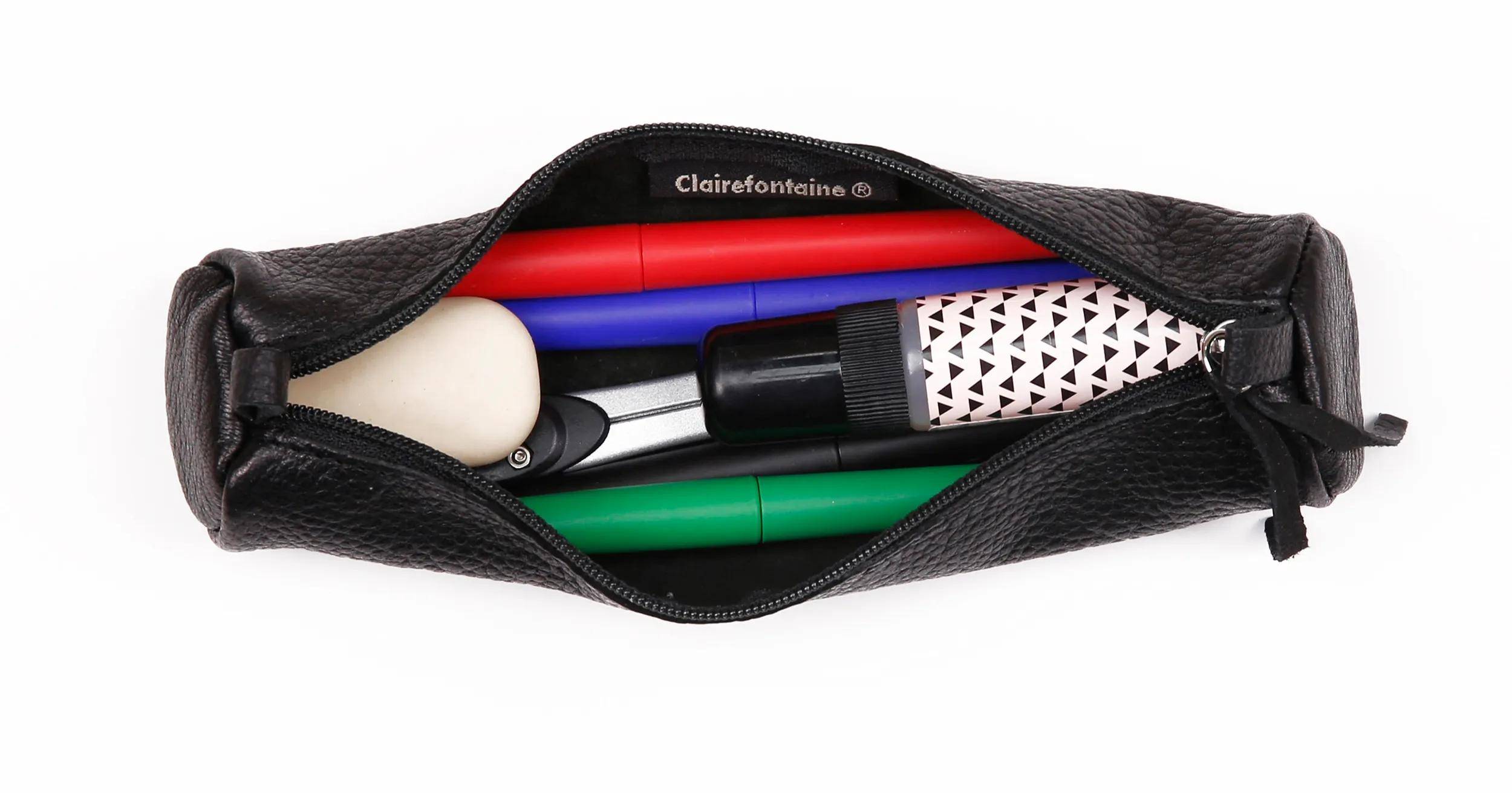 Clairefontaine 6x Kleines Schlampermäppchen aus Leder Ø3 ,5x18cm Schwarz 8327C