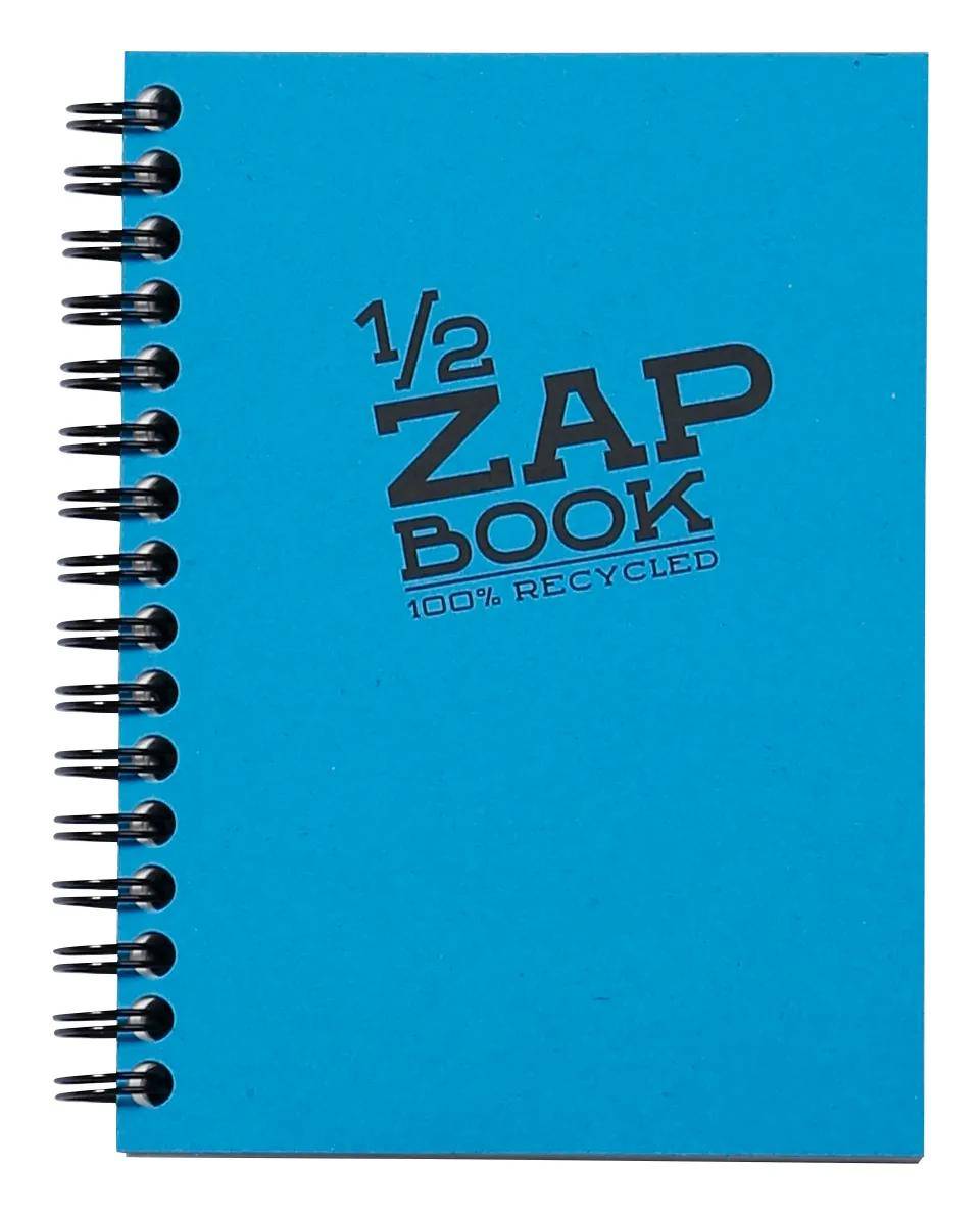 Blauer spiralgebundener Notizbuch-Umschlag mit der Aufschrift „1/2 ZAP BOOK 100% RECYCLED